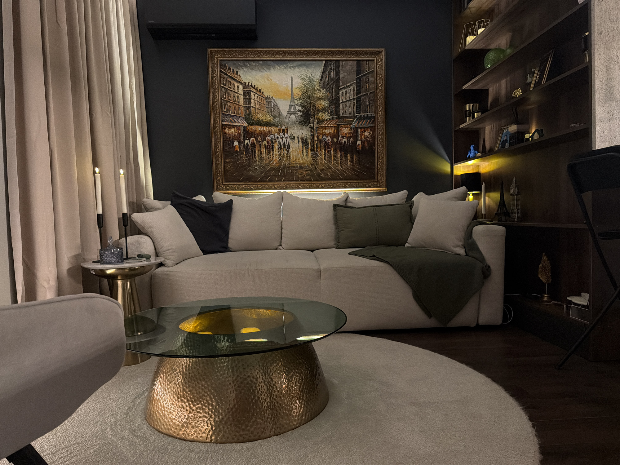 Evening home tour captured in Plovdiv apartment with city views