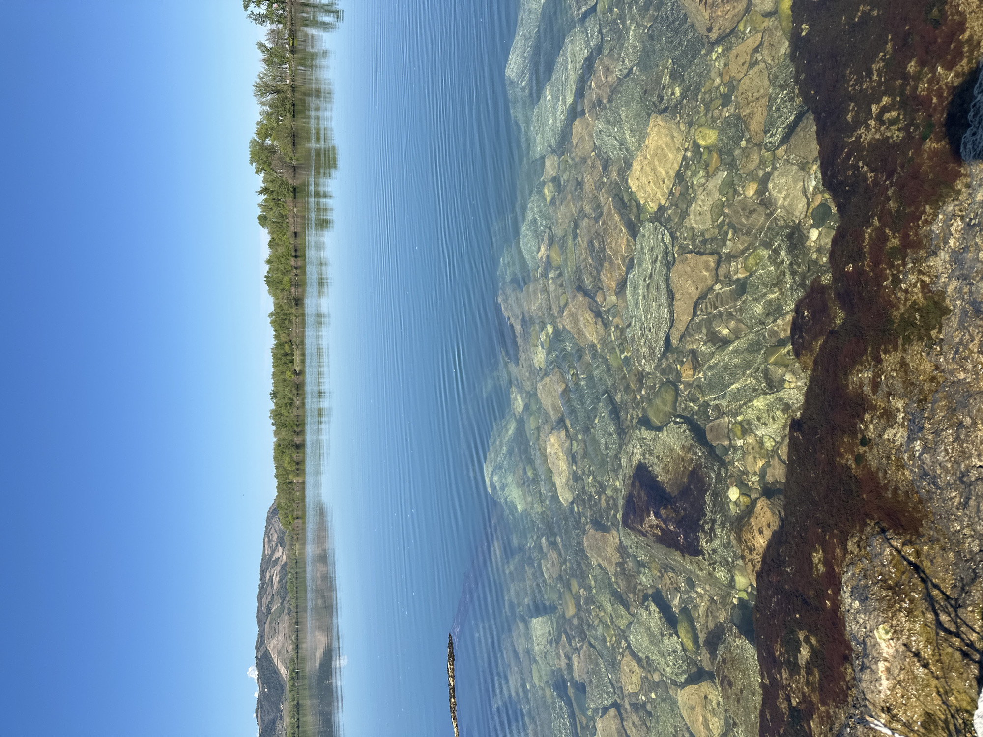 Clear water body observed with visible underwater rocks and pebbles