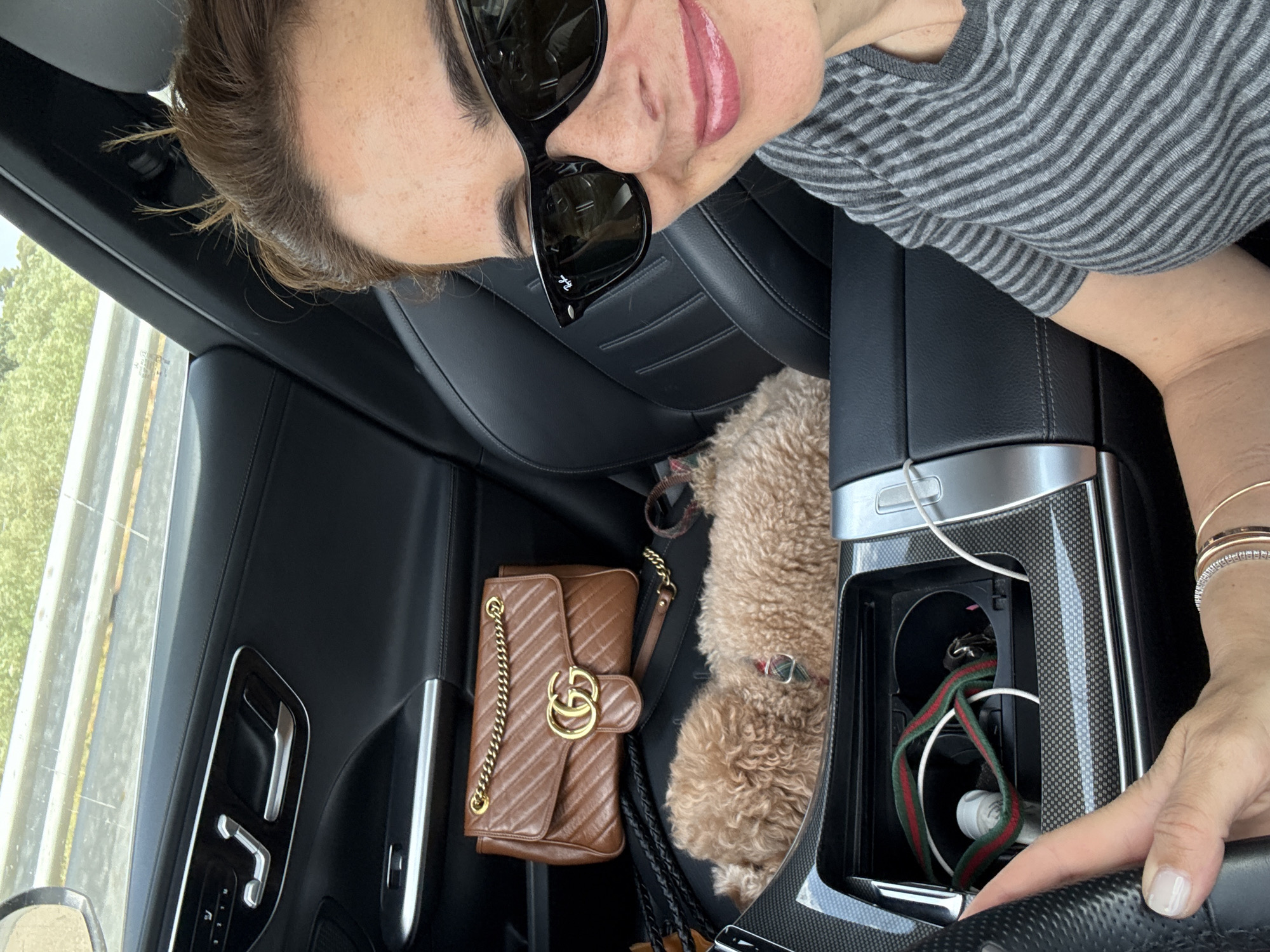 Woman takes car selfie with small dog in Santarém