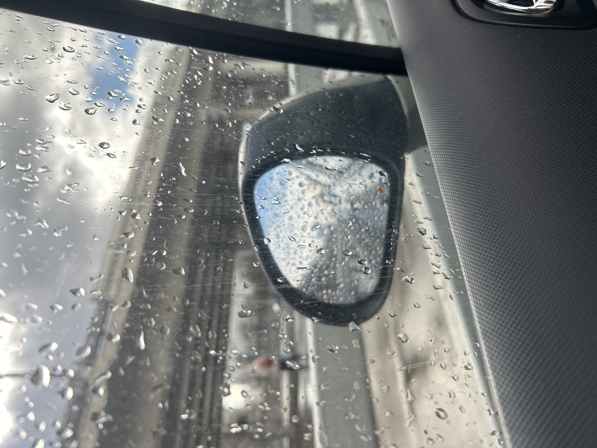 Rainy morning commute observed in Moscow vehicle
