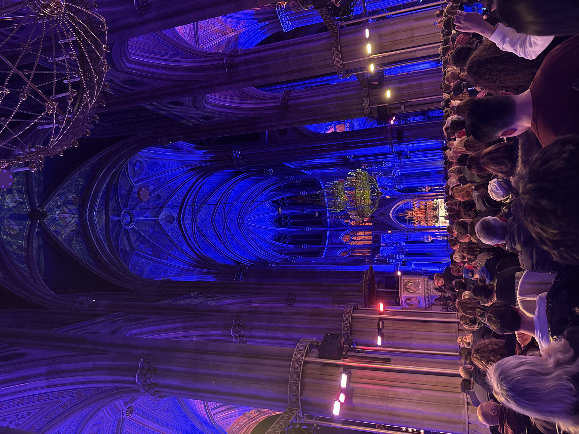 Crowd gathers at illuminated St. Stephen's Cathedral in Vienna