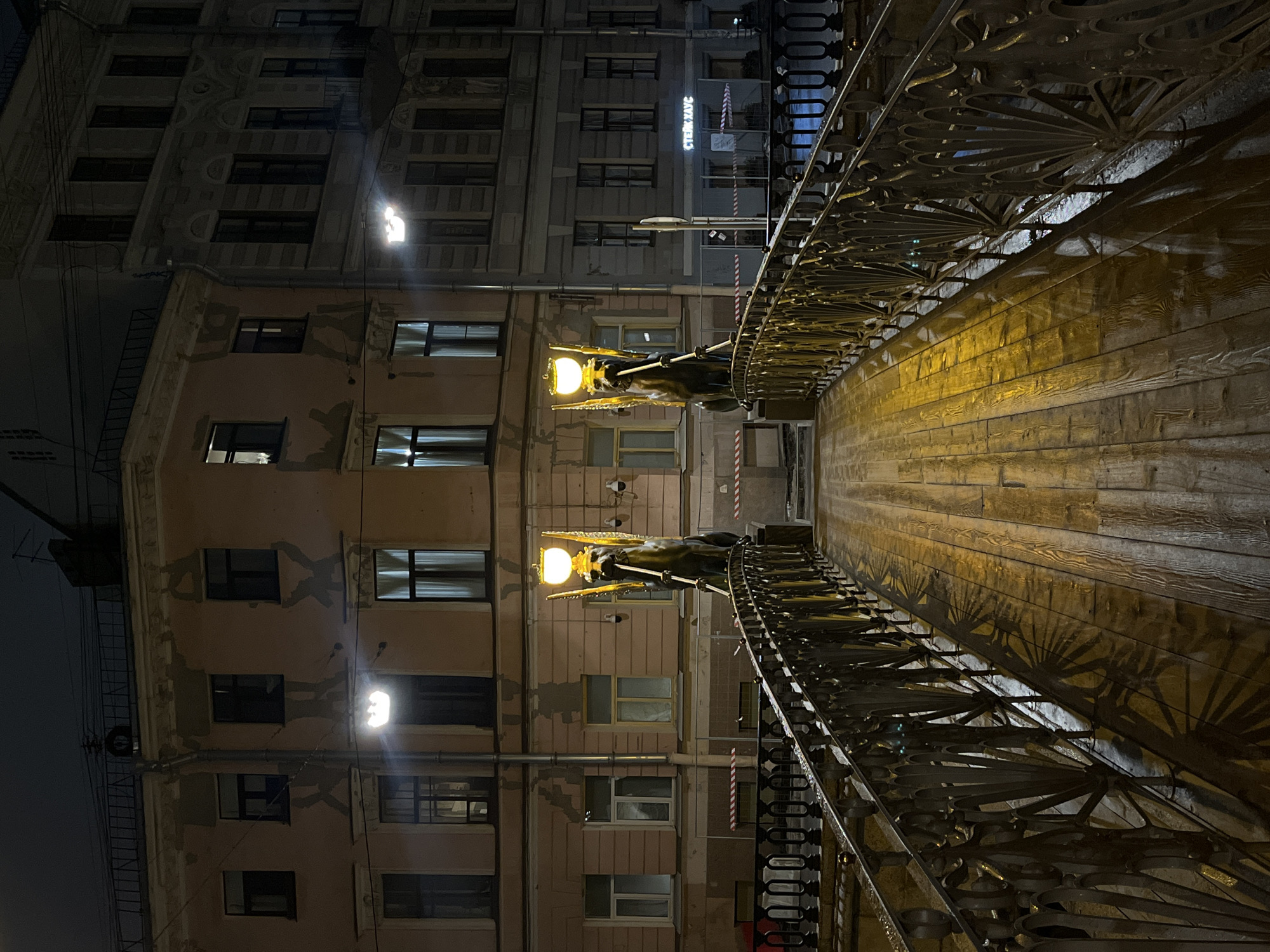 Evening documentation of ornate bridge features in Saint Petersburg