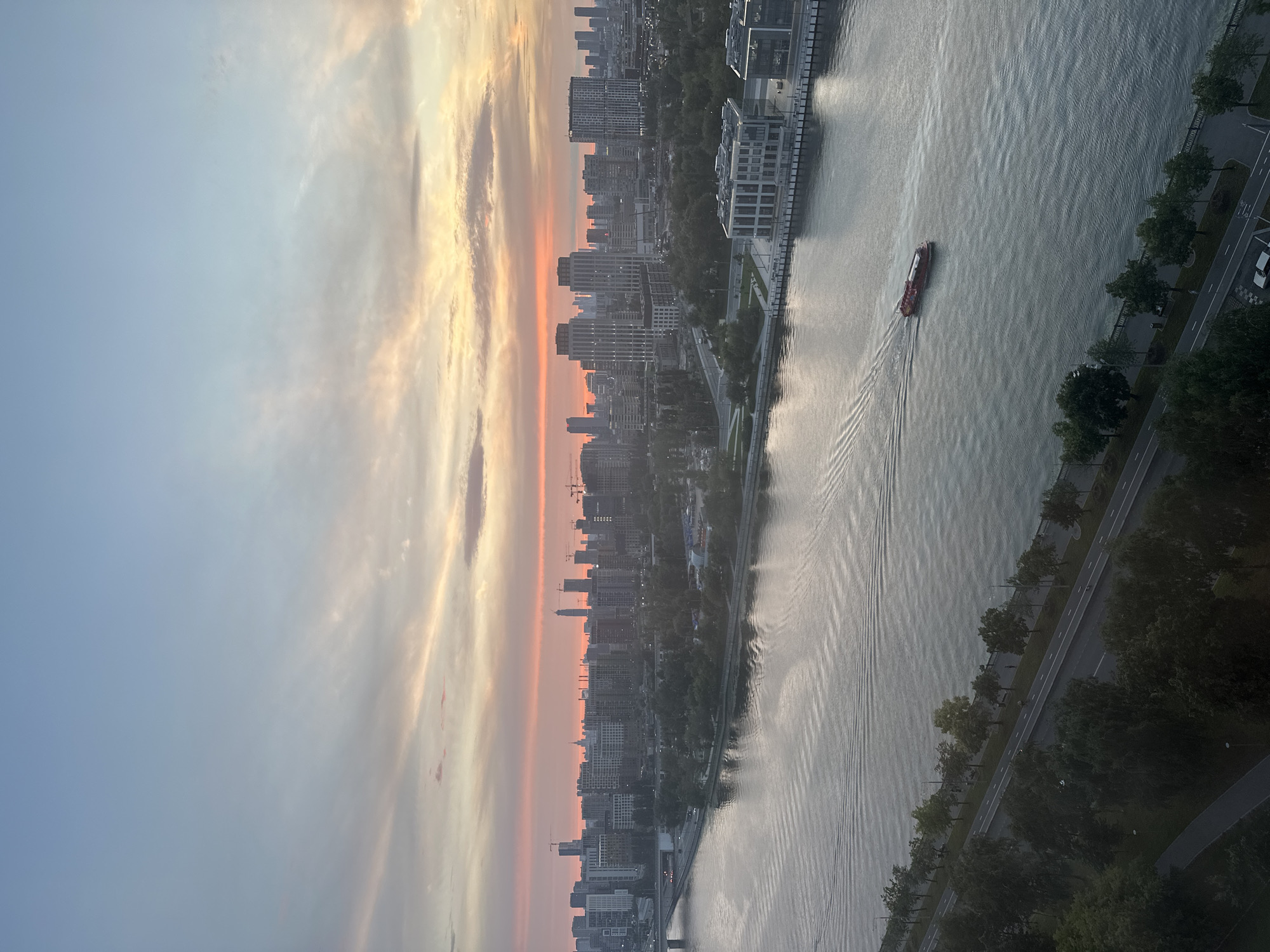 Moscow skyline and river at sunset, seen from above