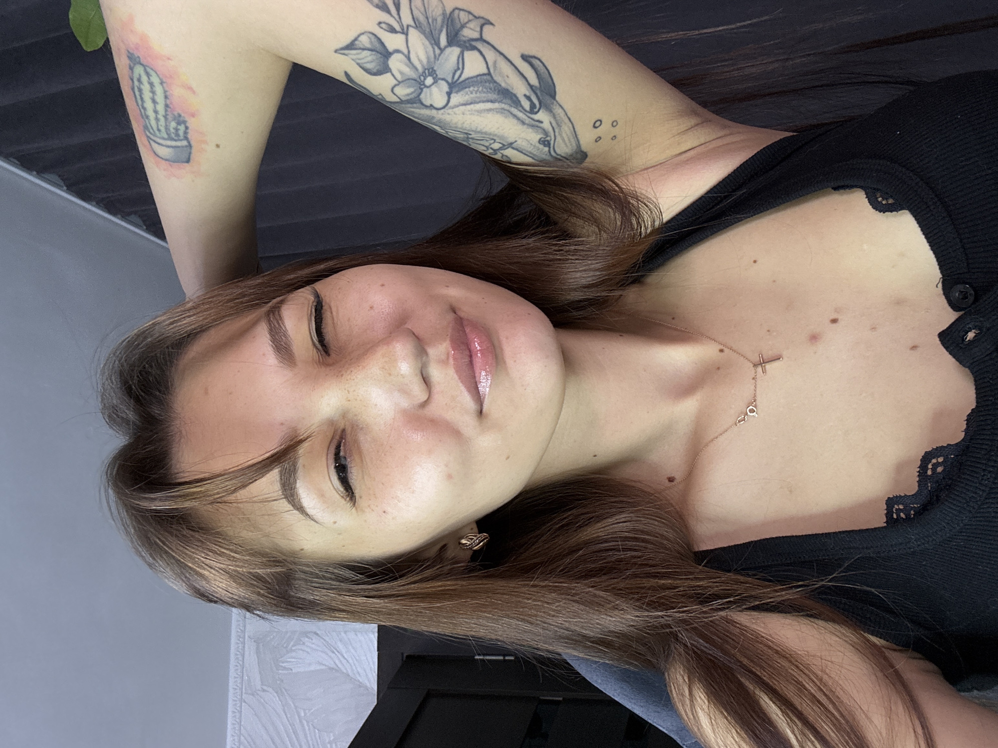 Selfie series in Novokuznetsk, black lace top and cross necklace