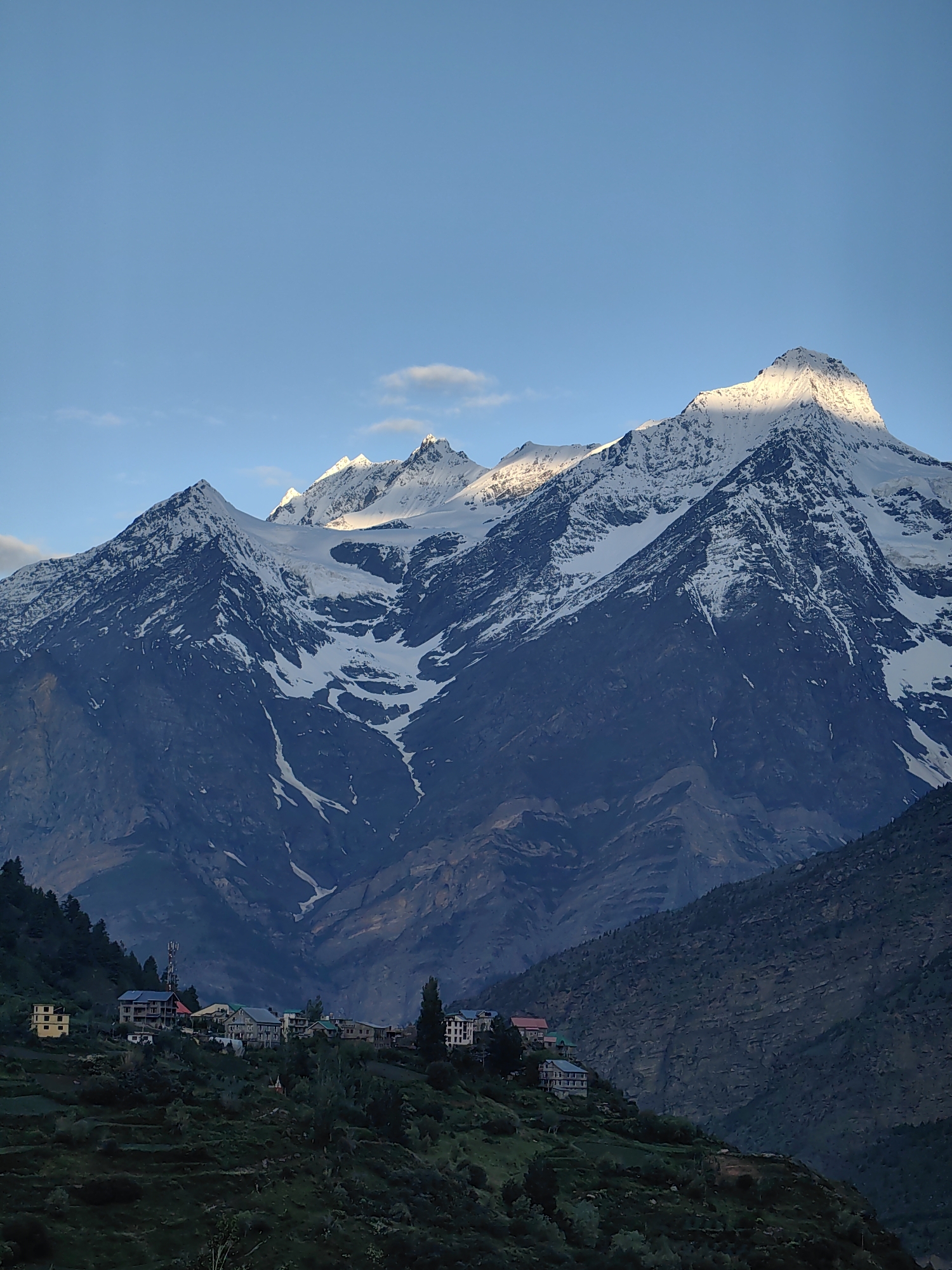 Snow peaks, terraced slopes, and village views across Keylong