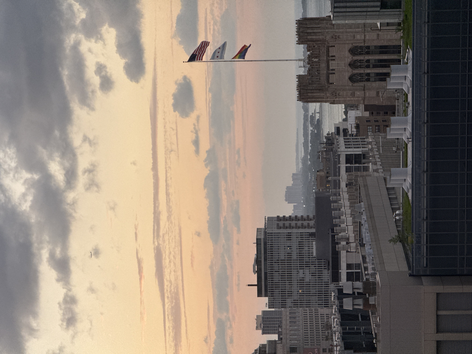Chicago skyline at golden hour, rooftop to street level