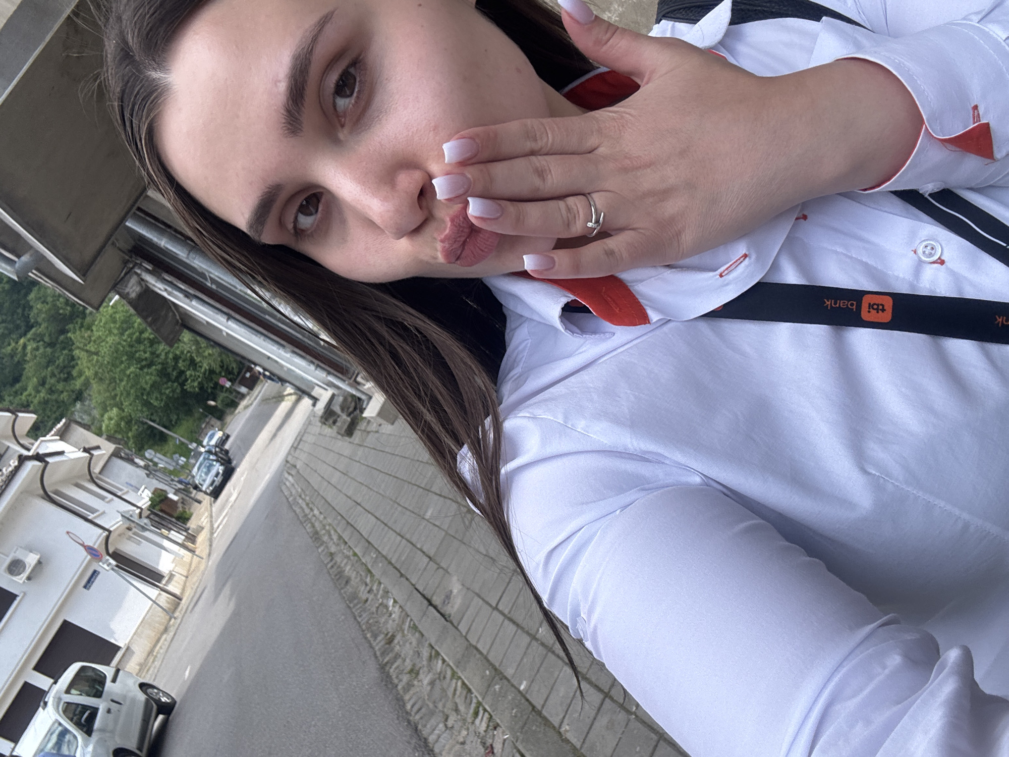 Quick selfie series outside in Gabrovo, tbi bank lanyard on