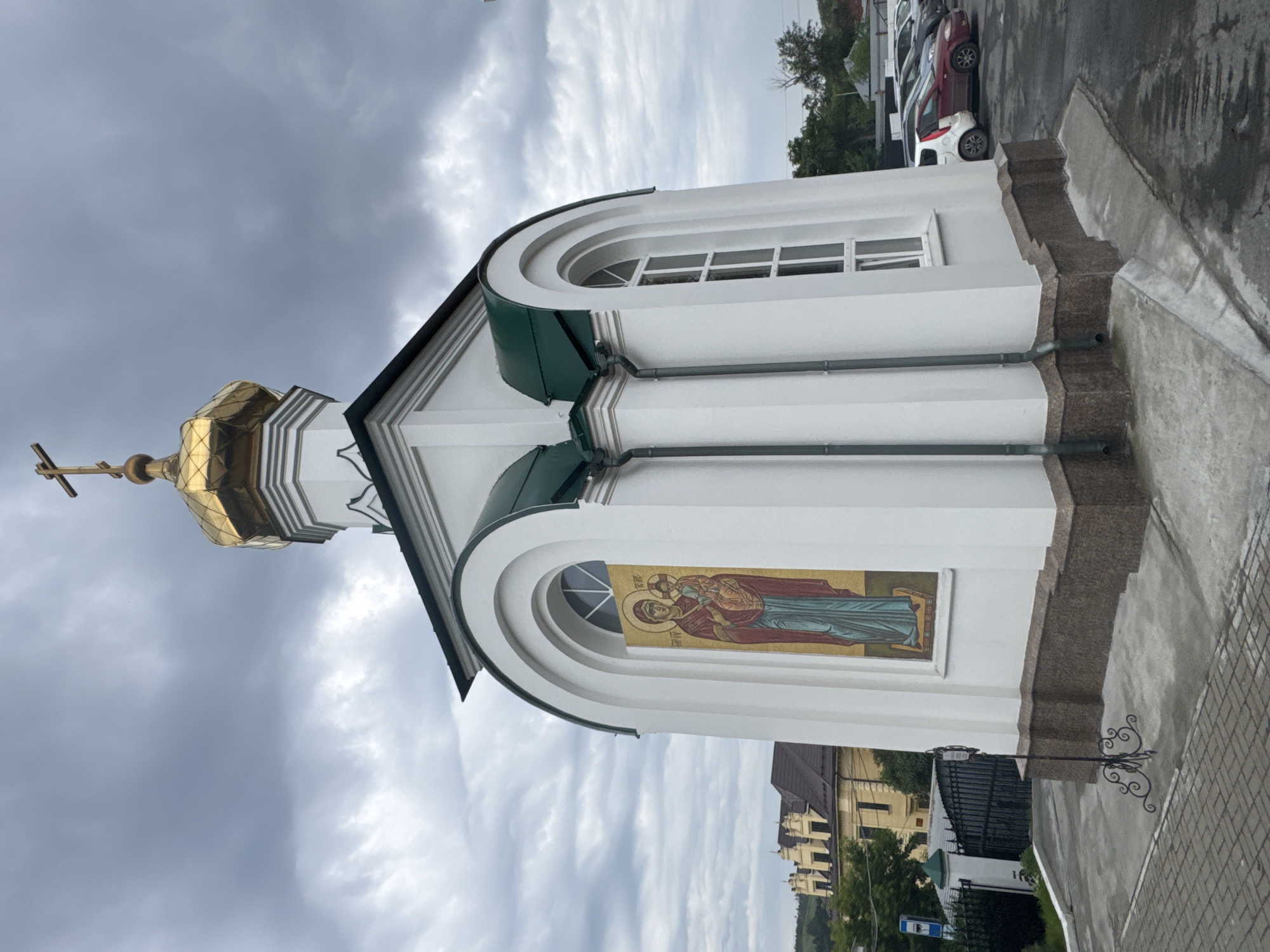 Orthodox church grounds in Yekaterinburg on a cloudy morning