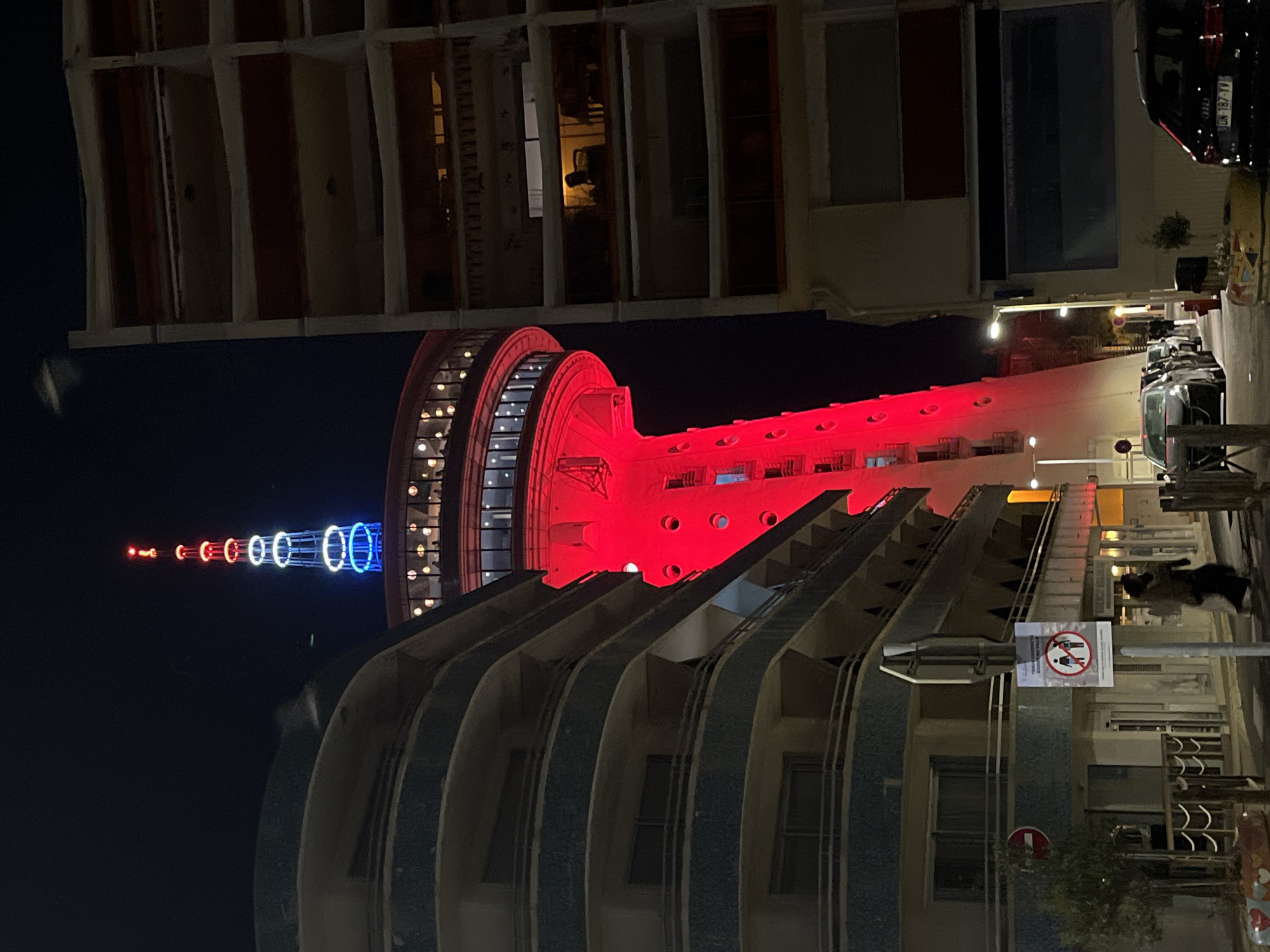 Mediterranean lighthouse tower illuminated in Palavas-les-Flots night scene