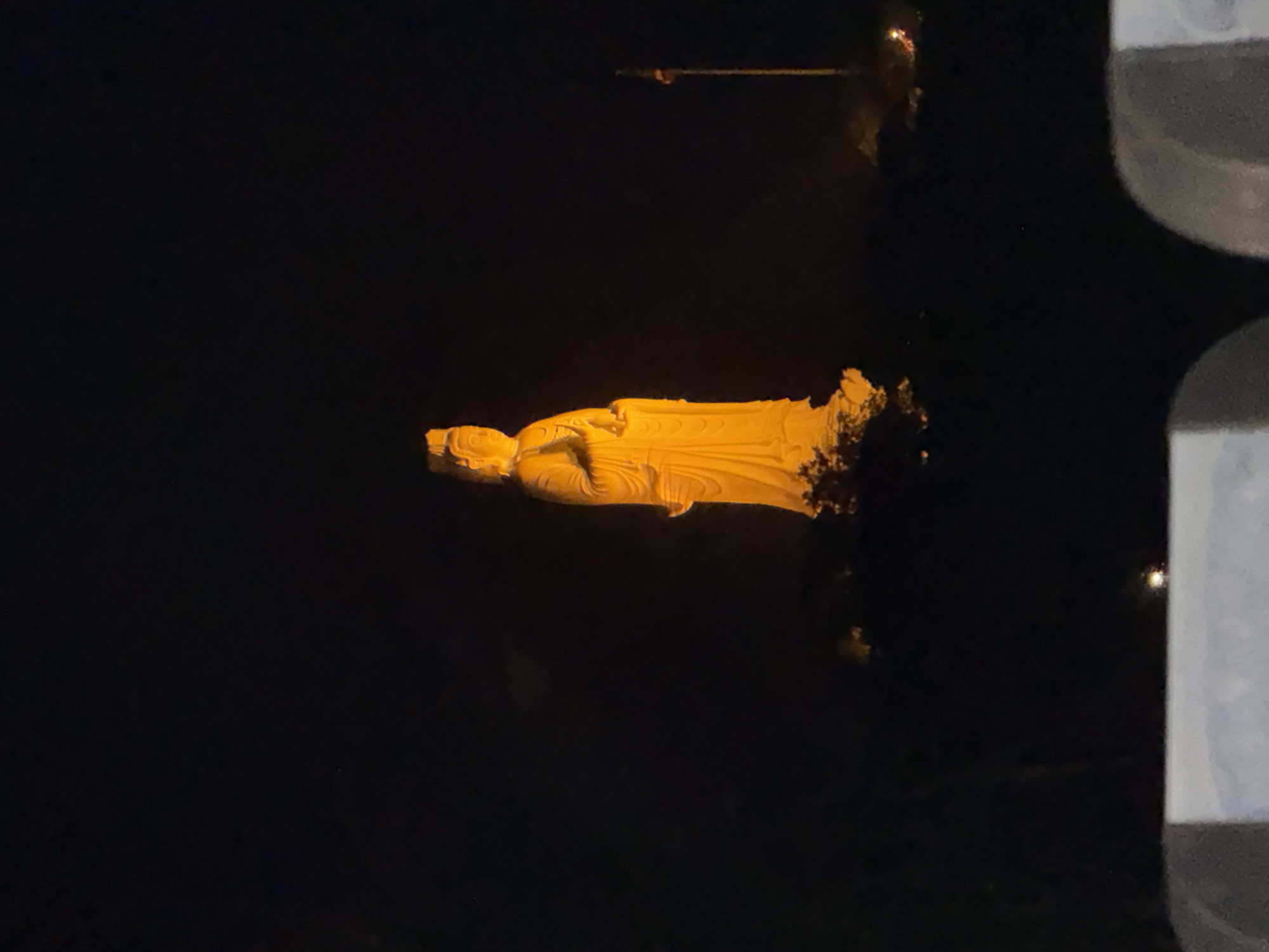 Illuminated Buddhist statues observed at night in Da Nang