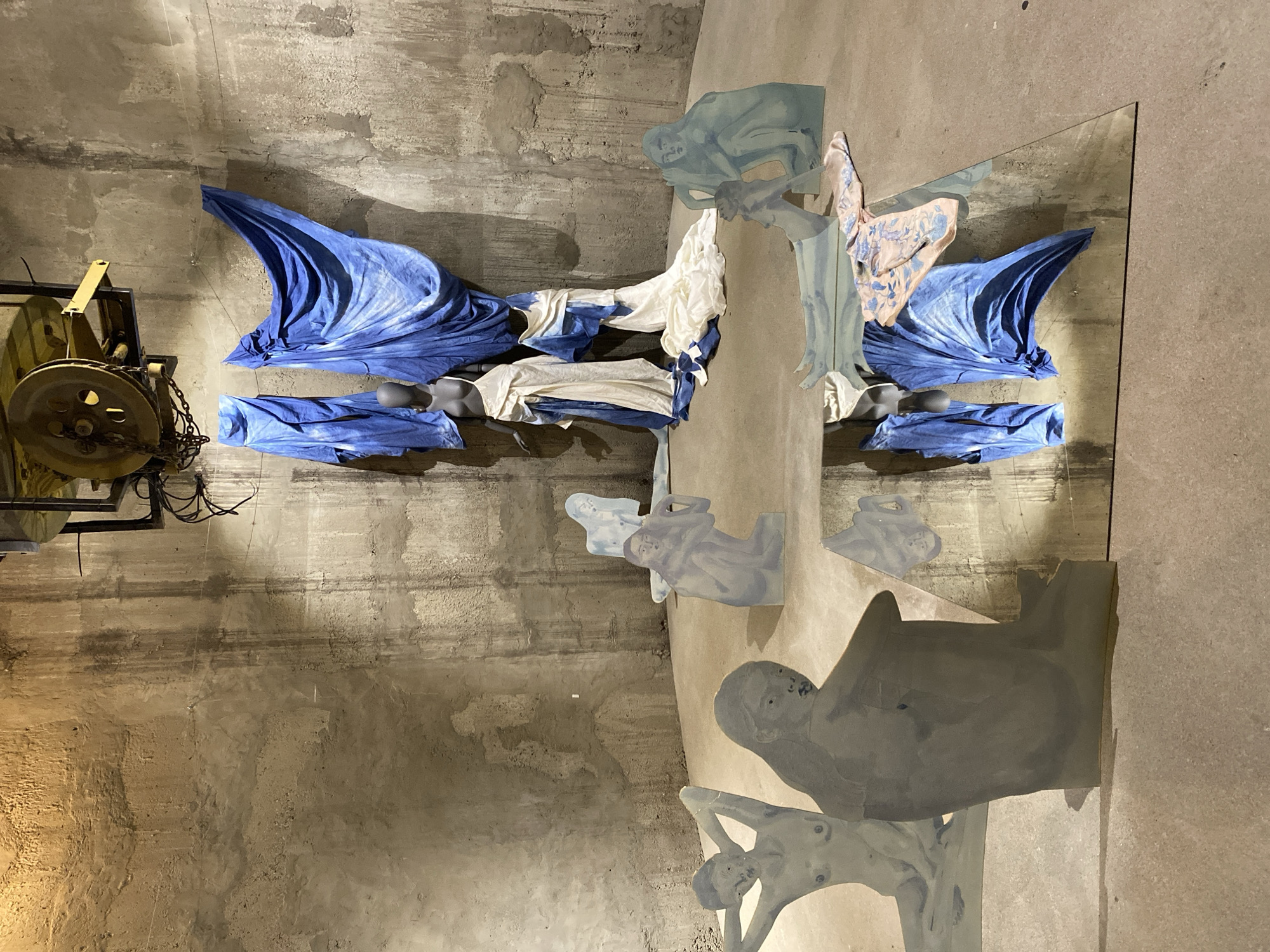Art installation with mirror, draped materials observed in Belgrade