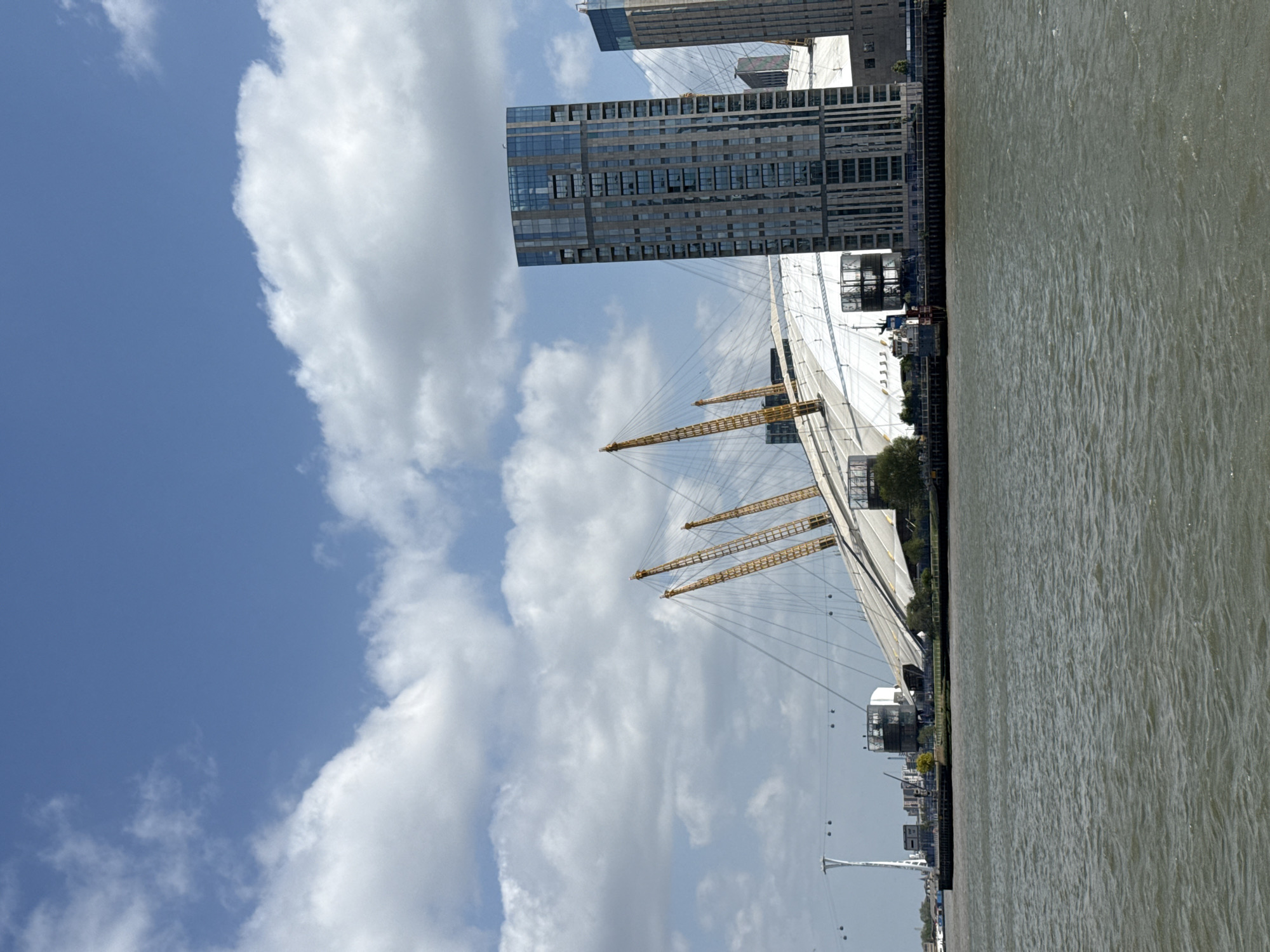 Sunny afternoon views of Thames waterfront and O2 Arena