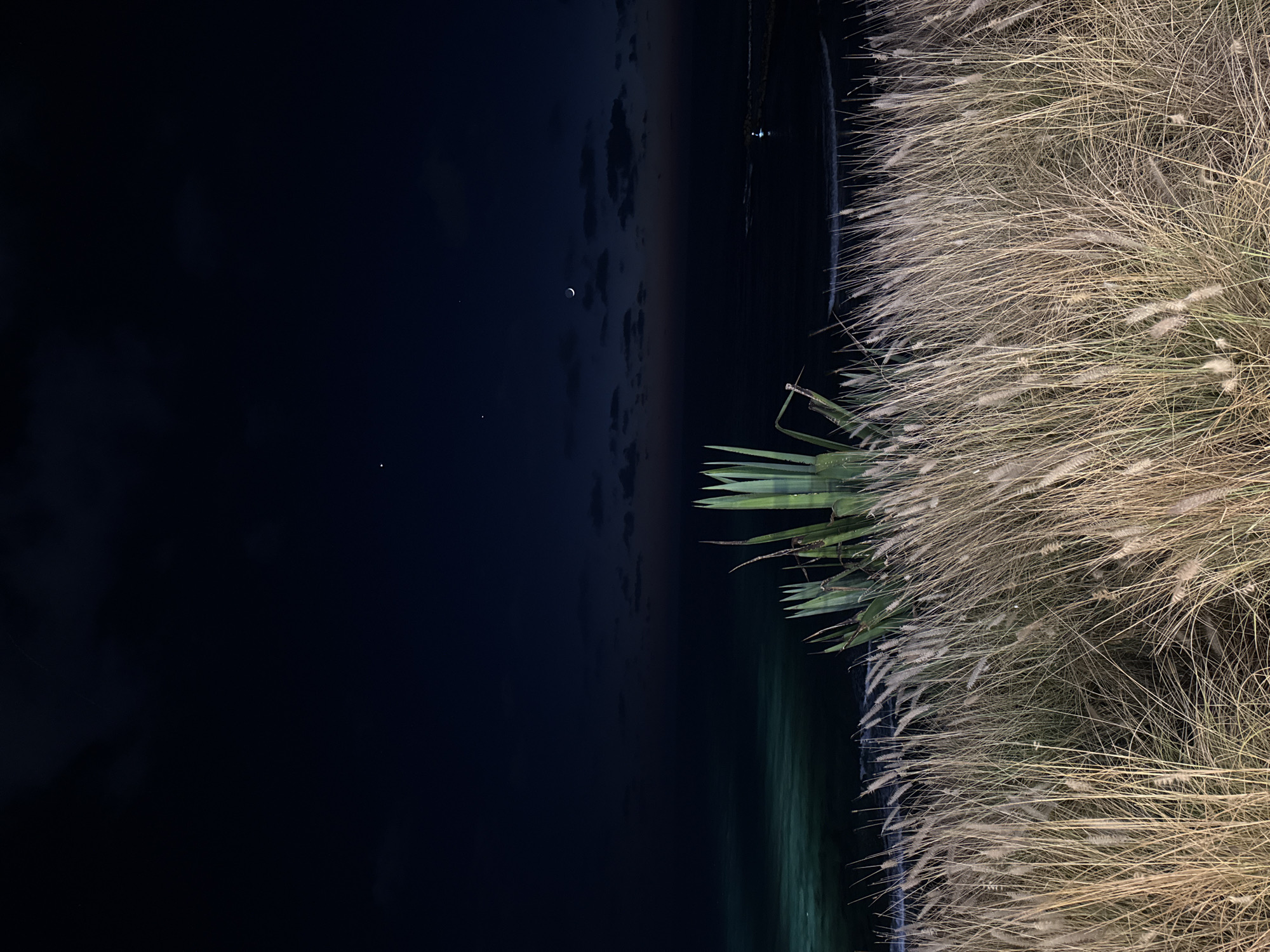 Bat Yam beachfront at night, crescent moon over calm sea