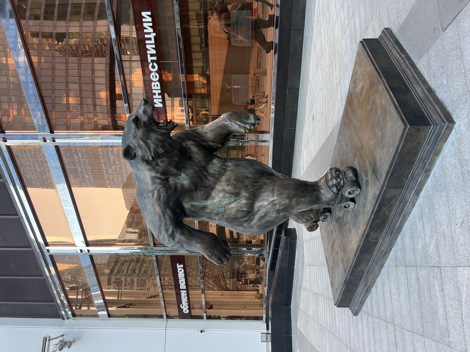 Bull and bear sculptures anchor a sleek Moscow-area business plaza