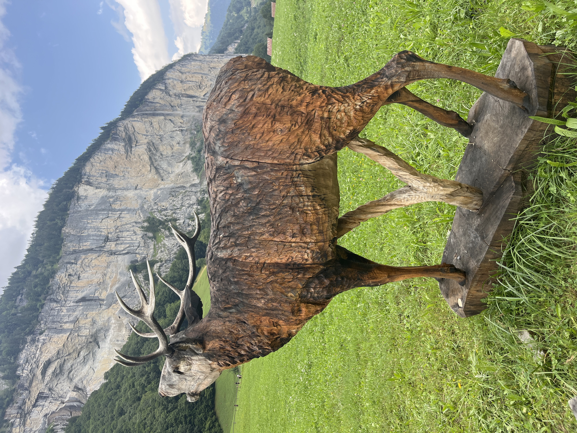 Wooden wildlife sculptures and alpine scenery in Lauterbrunnen Valley