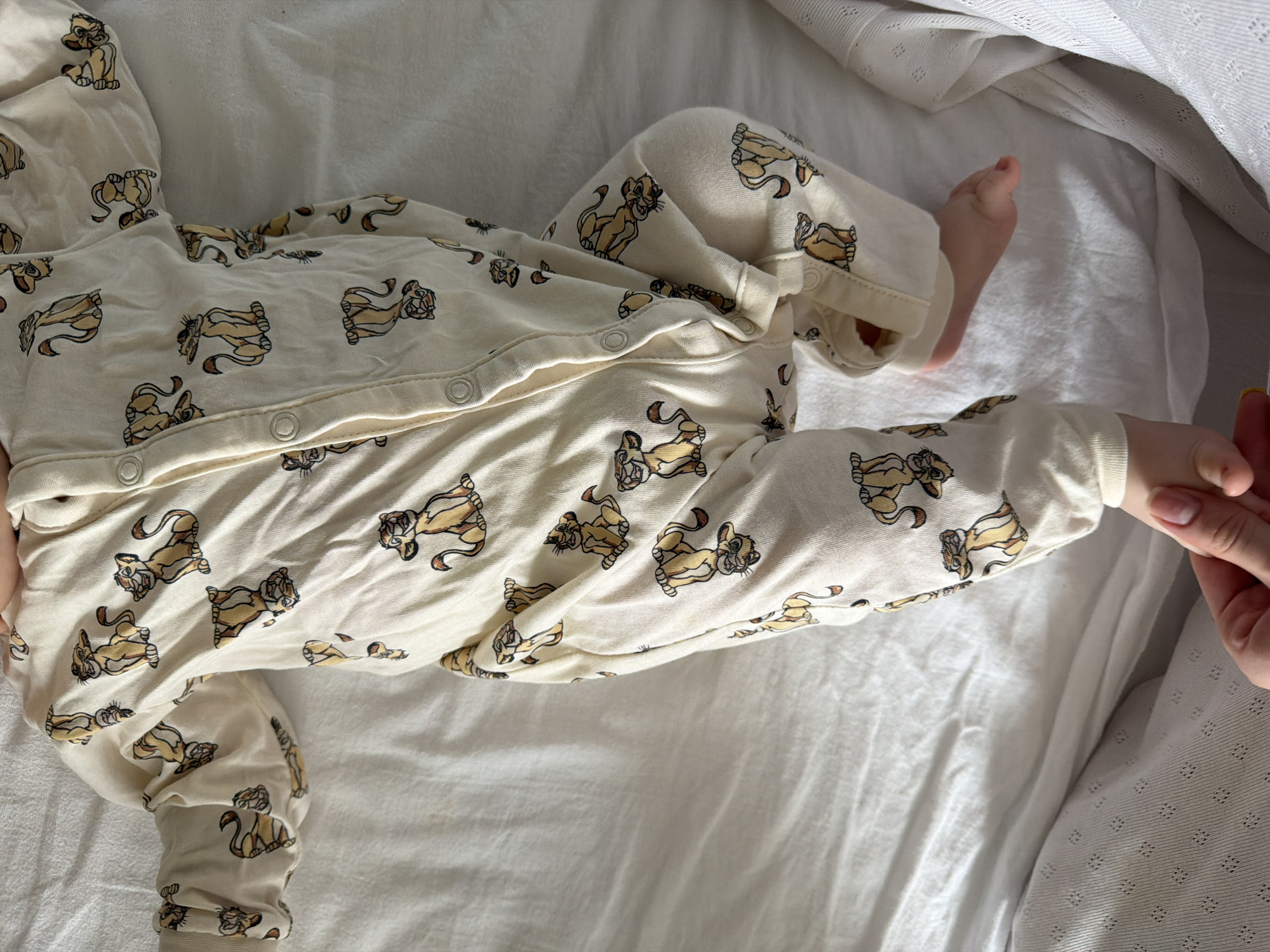 Baby in Lion King pajamas photographed with toy giraffe