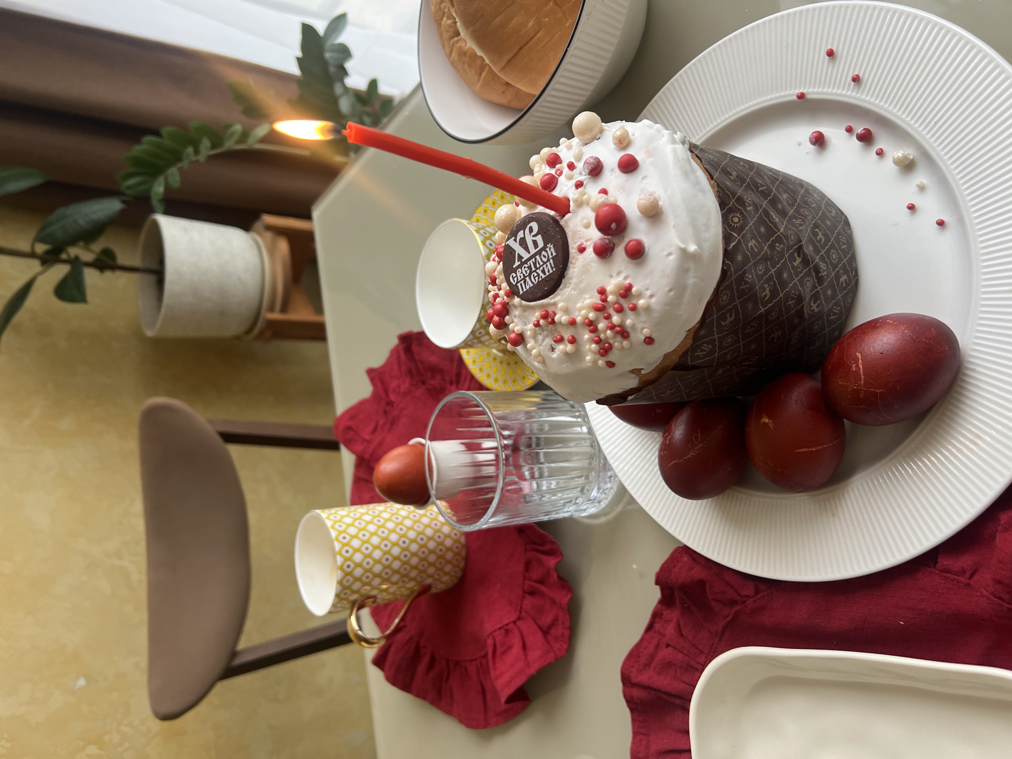 Family celebrates Easter morning with traditional kulich in Khimki