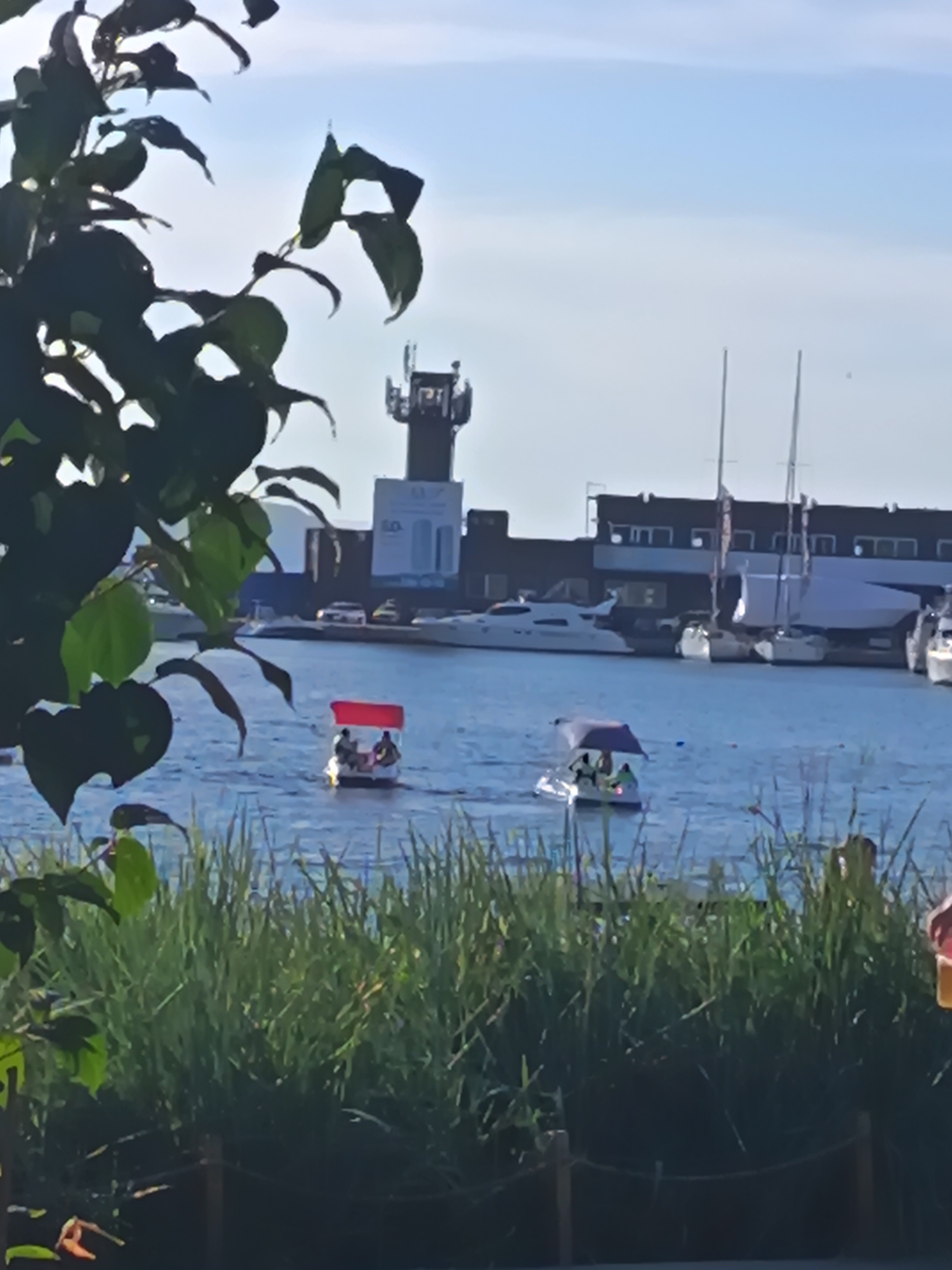Sunny plaza day: chess, Ferris wheel, waterfront, and outdoor art