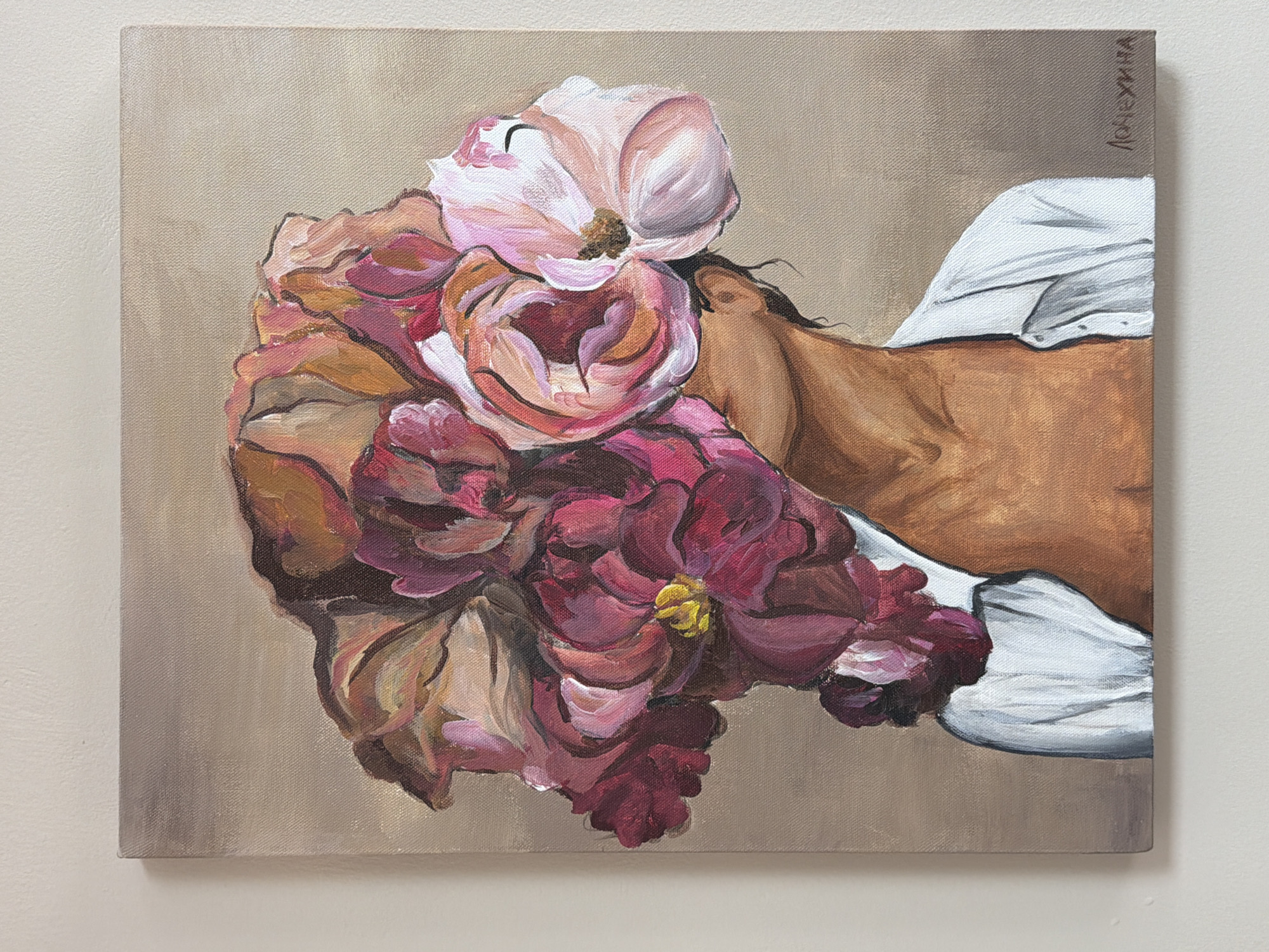 Canvas painting of figure among flowers observed in Krasnoyarsk
