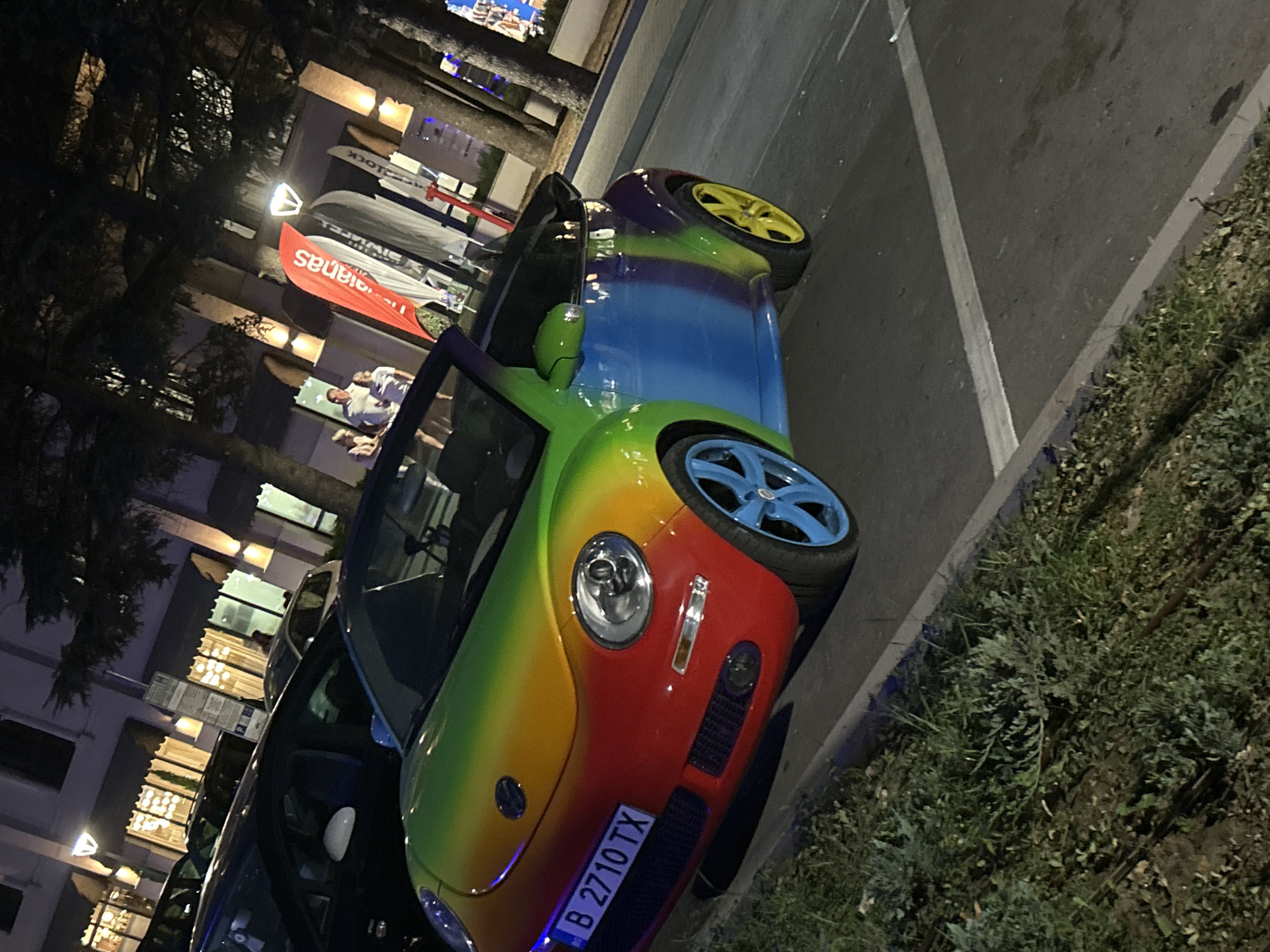 Cars, coastline, and nighttime architecture around Varna