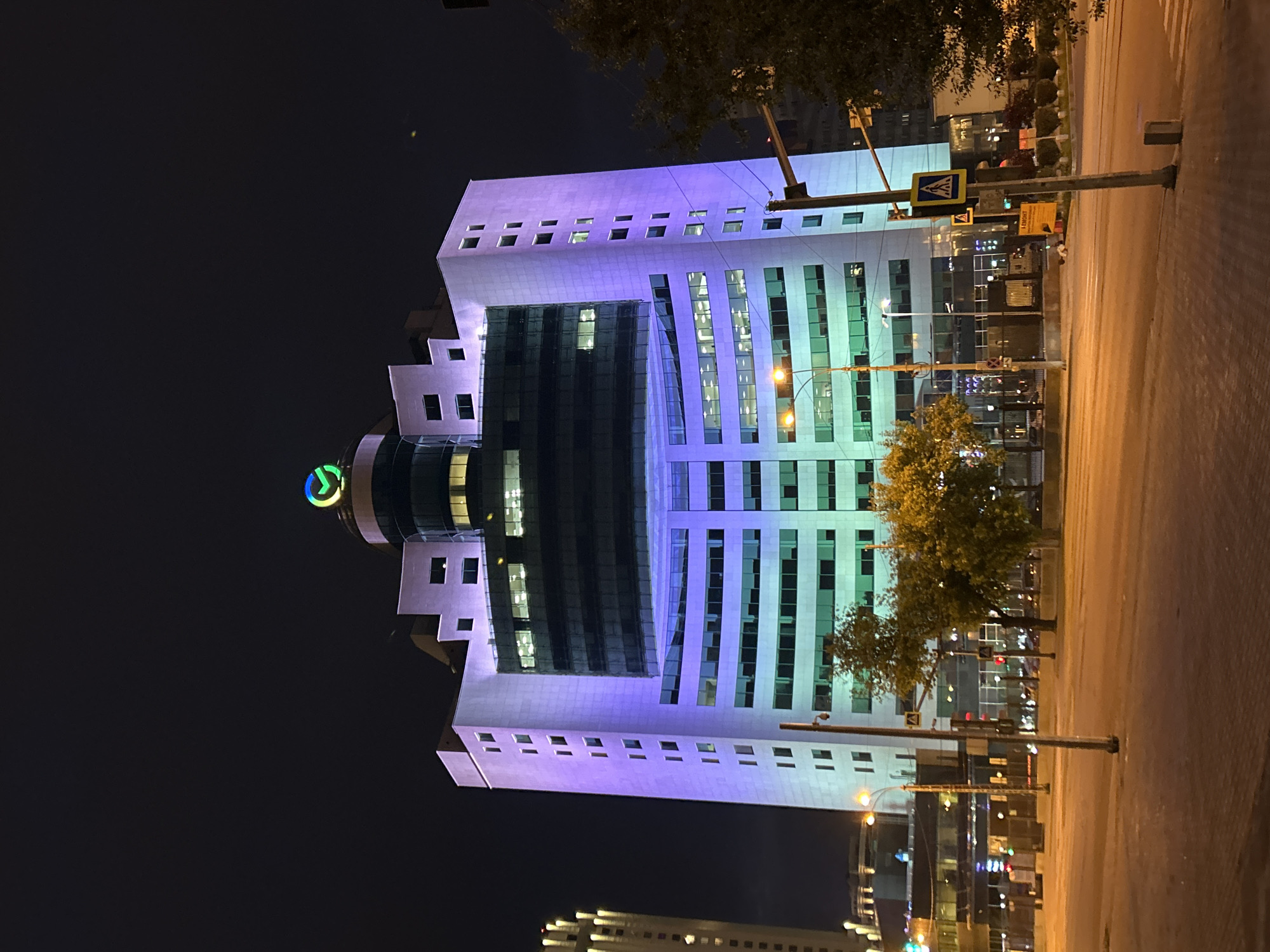 Nighttime illumination captures modern and historic Yekaterinburg architecture