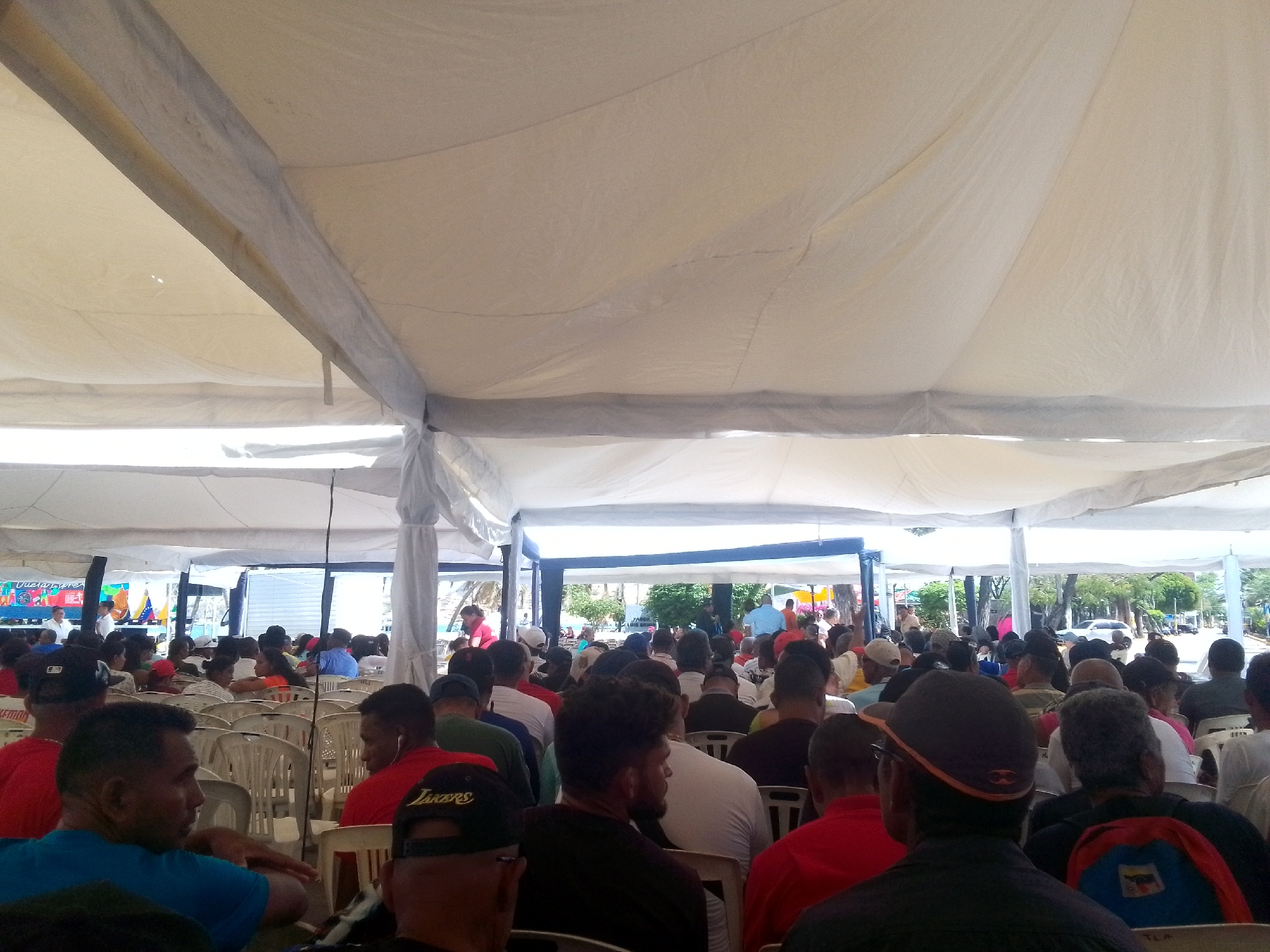 Public gathering held under tent in Juan Griego, Venezuela