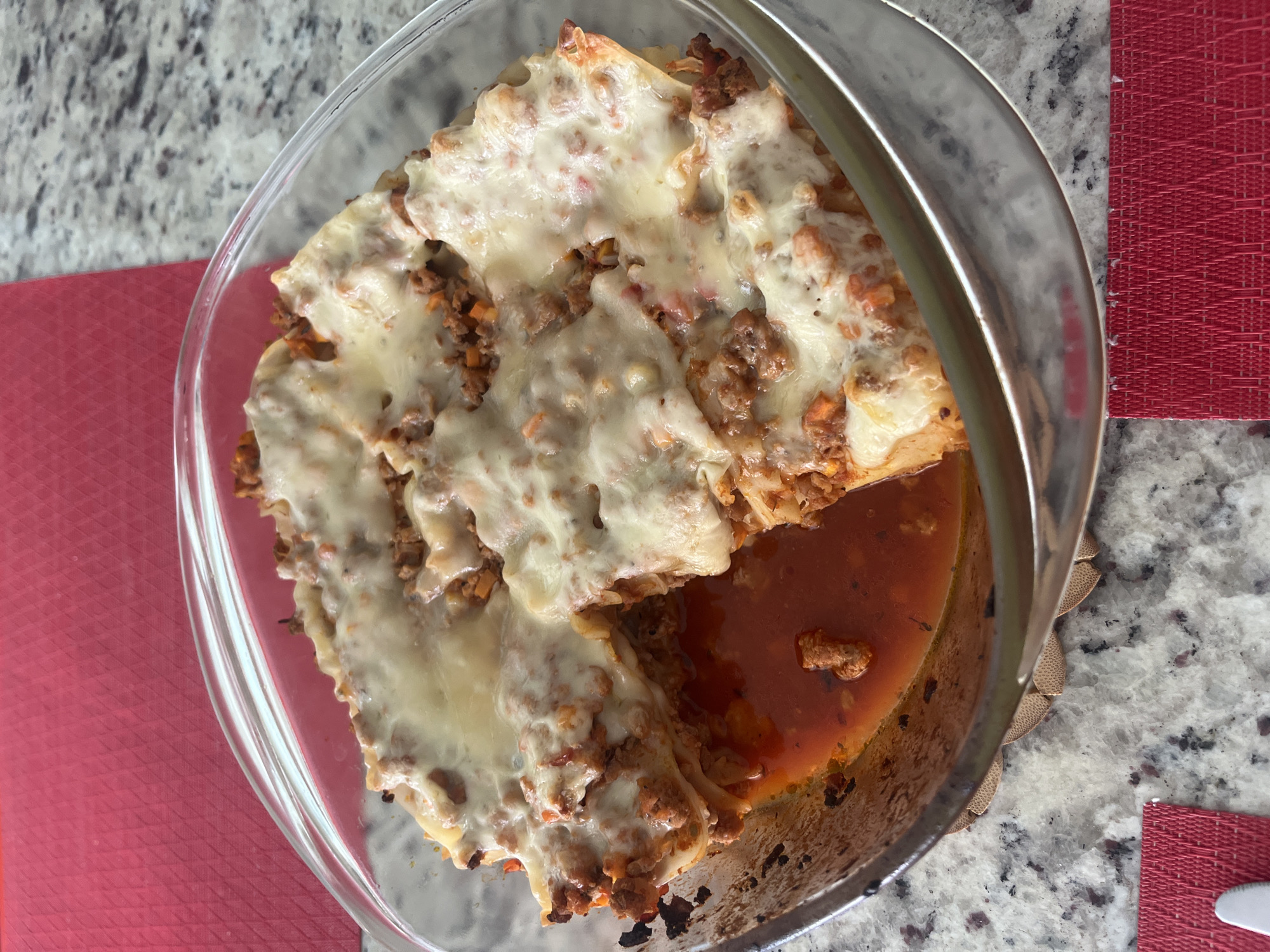 Homemade lasagna prepared in Mexican neighborhood kitchen