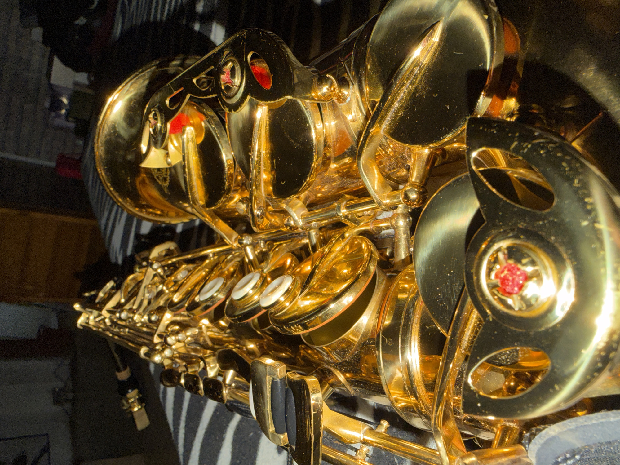Golden saxophone documented in detailed close-ups in Velingrad, Bulgaria