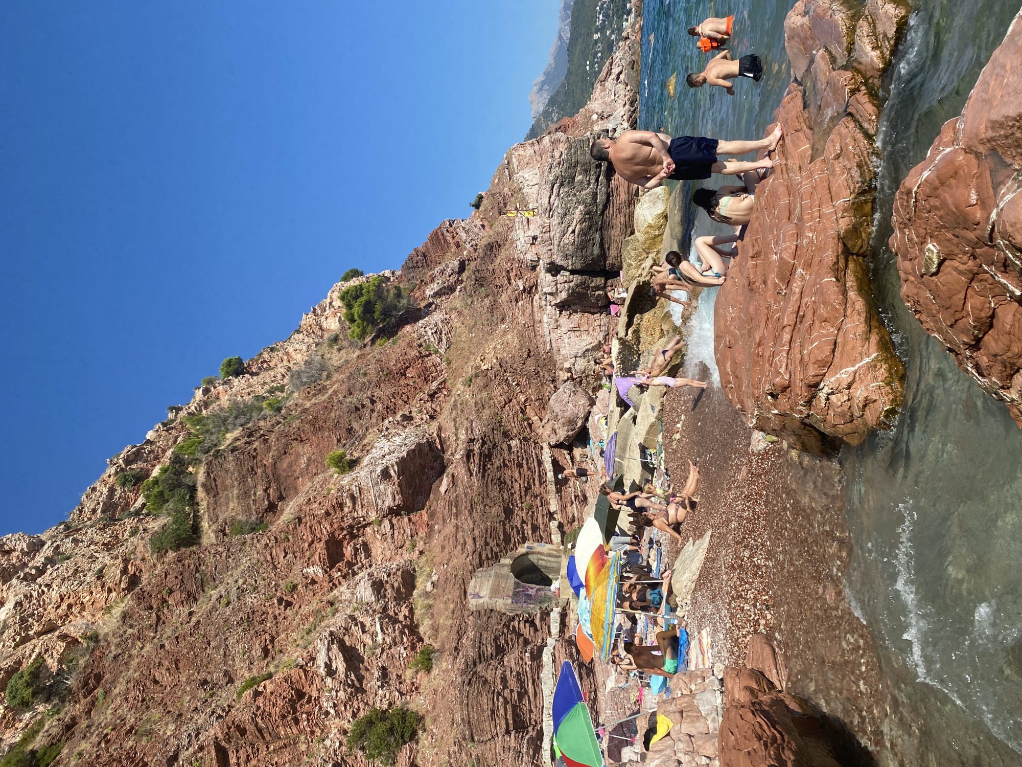 Cliff jumping and beach crowds at Sutomore, Montenegro