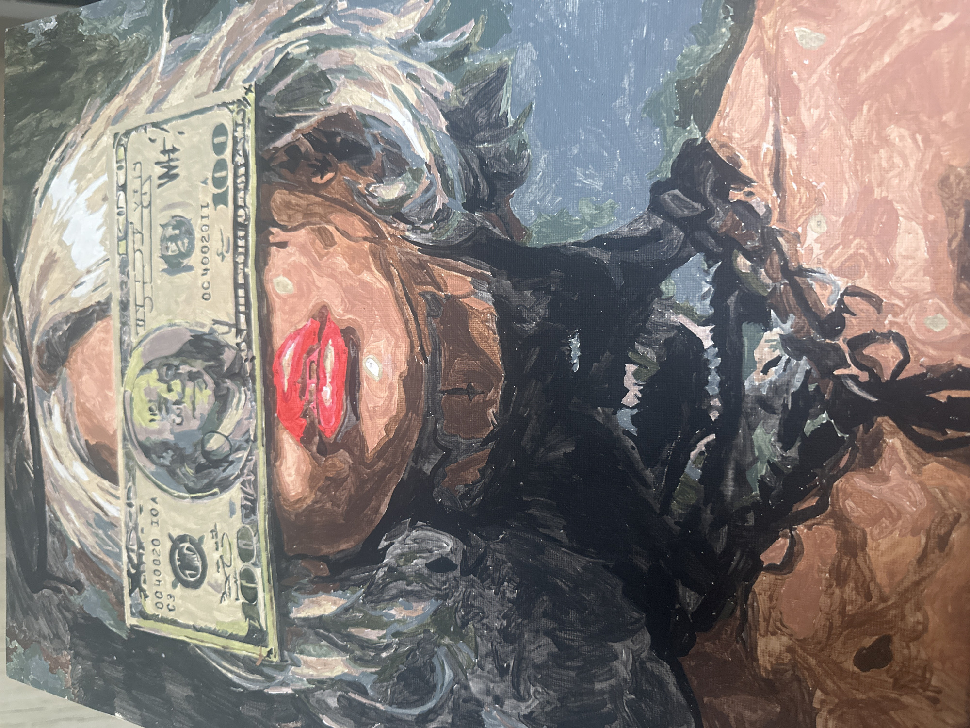 Oil painting featuring woman's face obscured by $100 bill observed