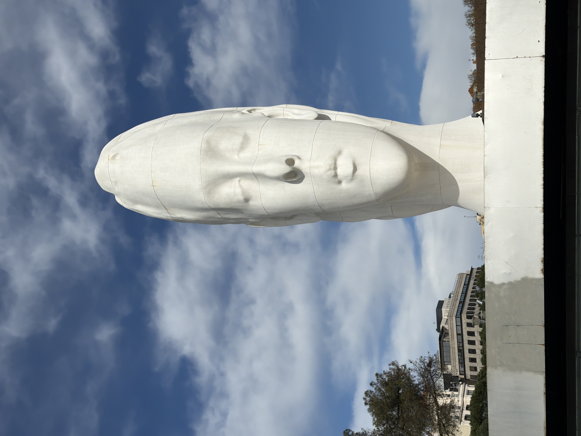 Monumental white head sculpture observed in Madrid