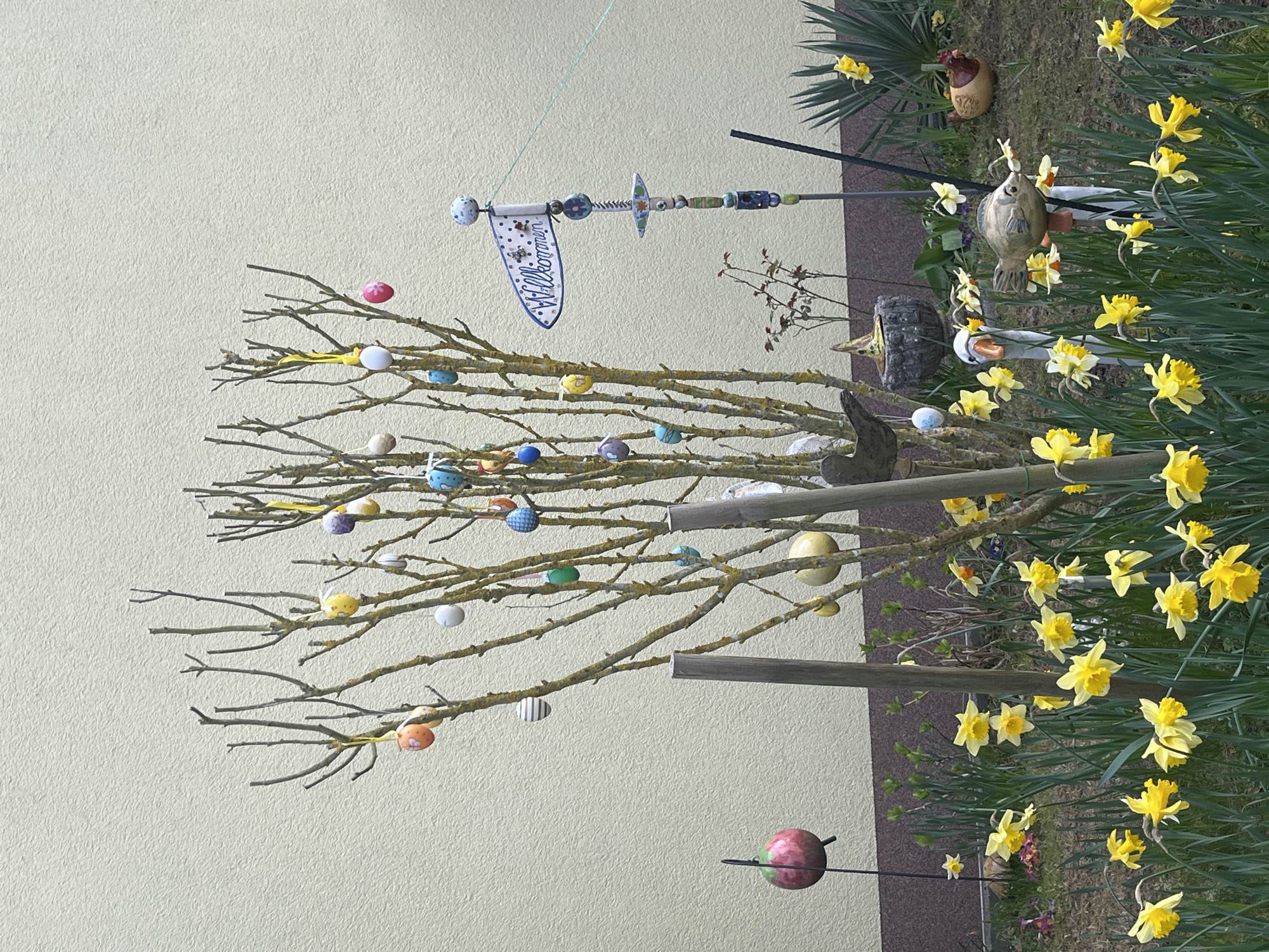 Easter decorations spotted in Saarbrücken neighborhood at sunset
