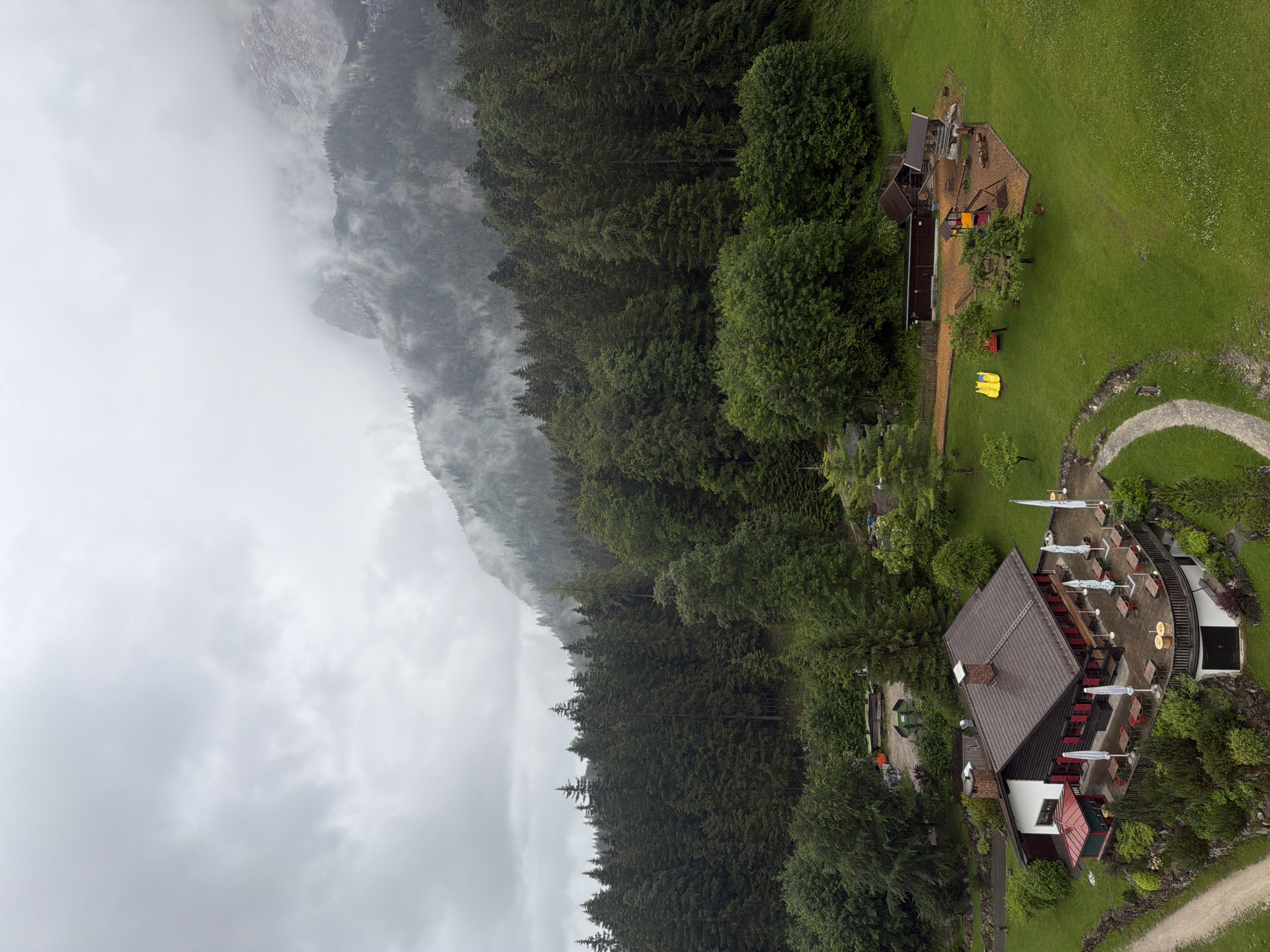 Thick fog blankets Bavarian Alps resort area near Grainau