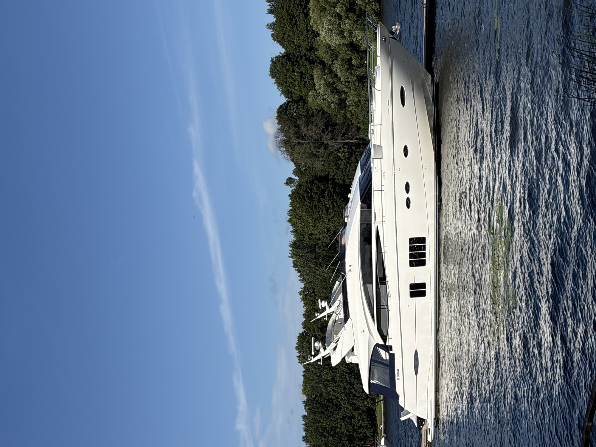 Fleet of white yachts moored in a calm, tree-lined marina
