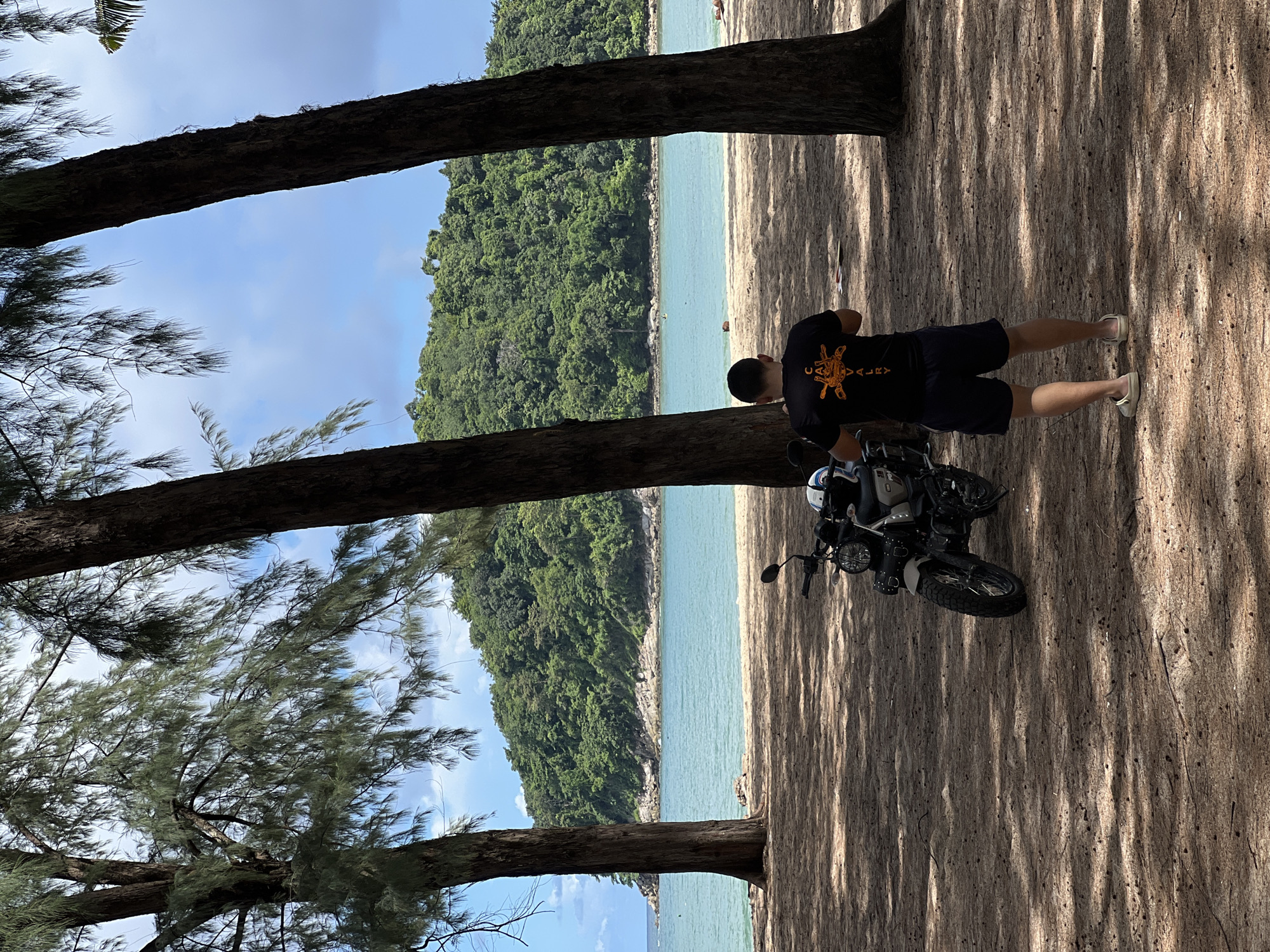 Beach afternoon: shoreline activity, parked bikes, and cats on the steps