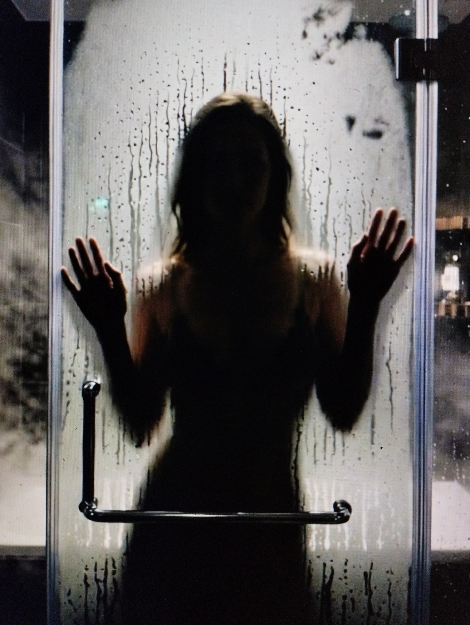 Steamy shower door silhouettes, multiple poses, one evening