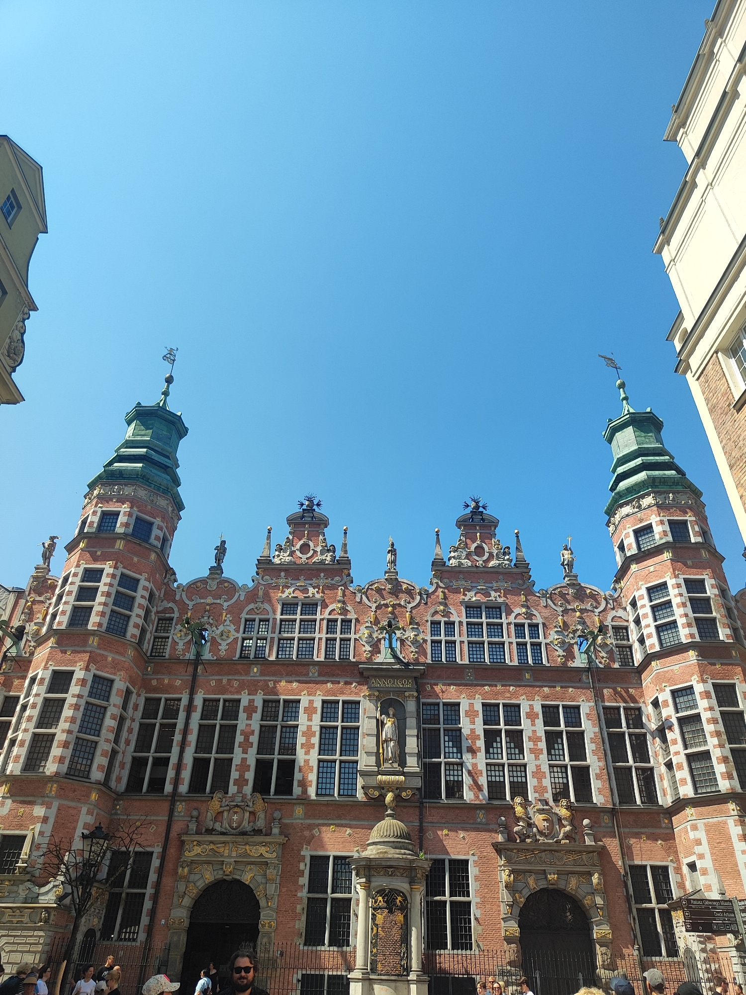 Gdańsk's Main Town Hall shot from below against blue sky