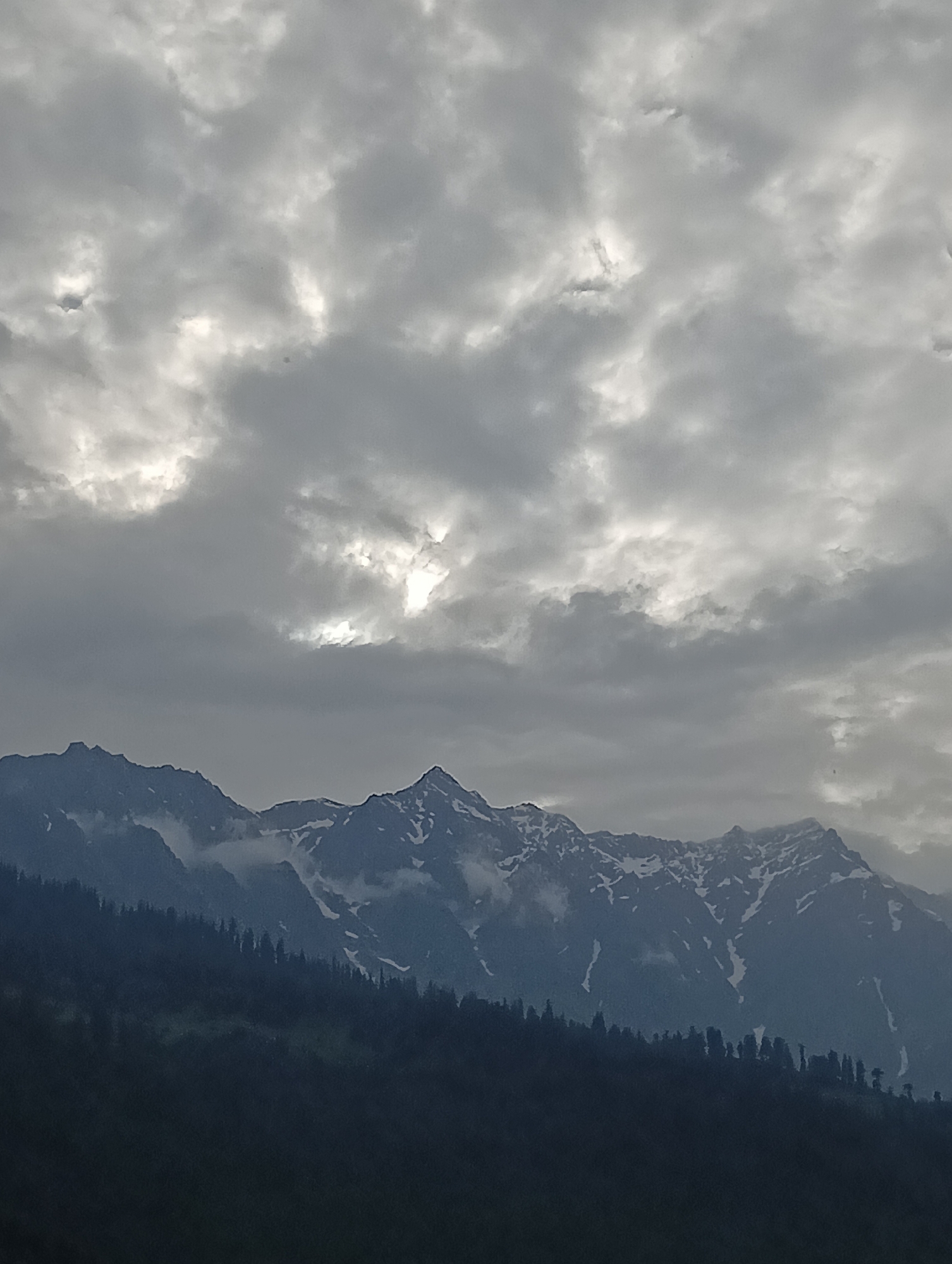 Snow-capped Himalayan peaks under brooding skies near Vashisht