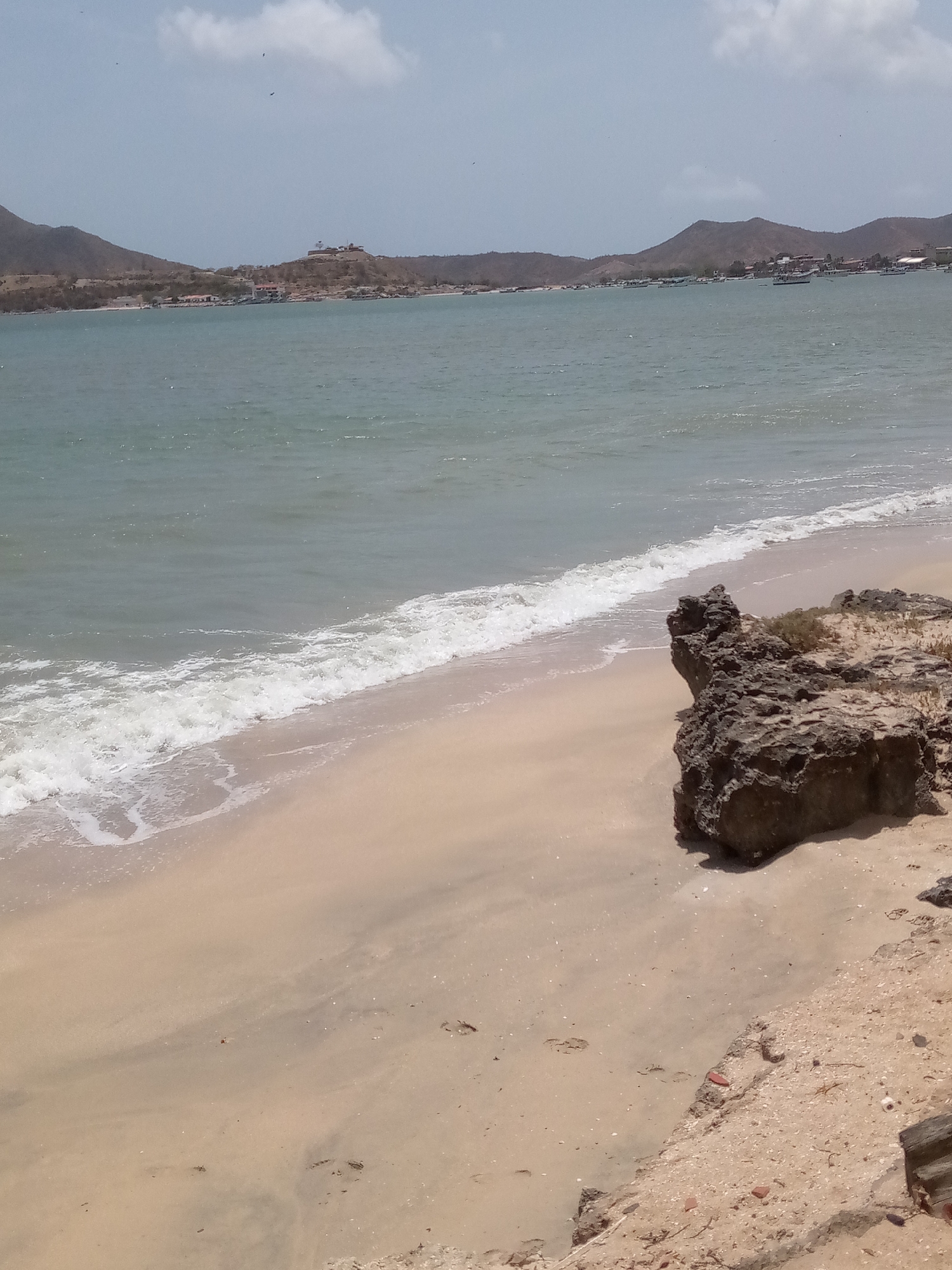 Coastal beach scene with rocks and hills documented