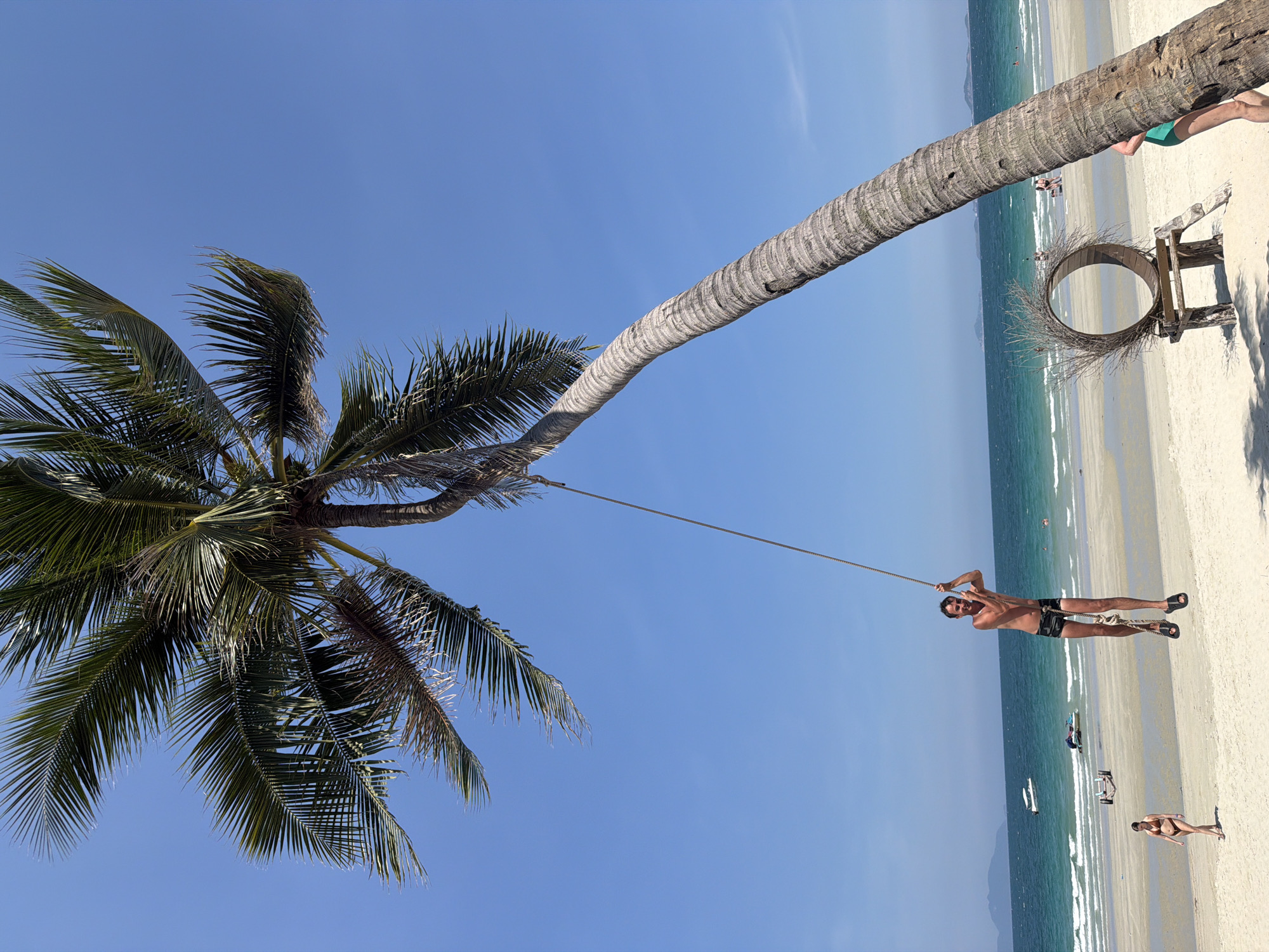 Beach morning with rope swings and colorful attractions