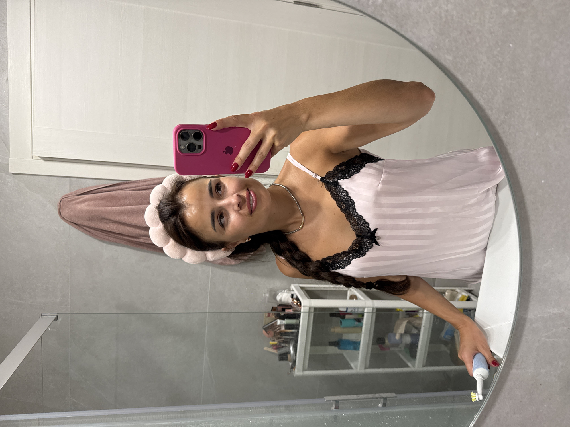 Bathroom mirror selfies in pink satin, multiple angles