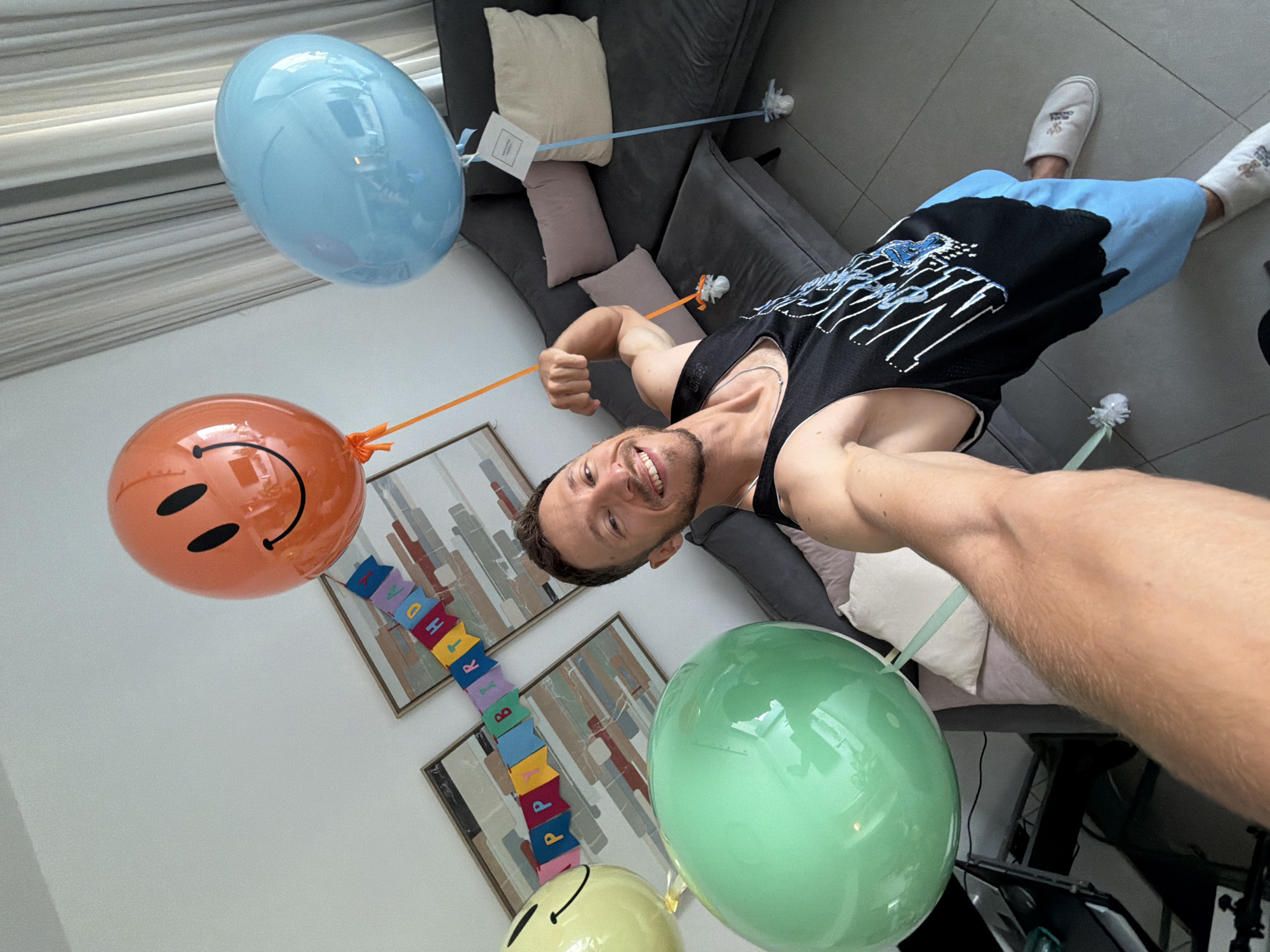 Birthday balloons and an Orlando Magic jersey in Tel Aviv