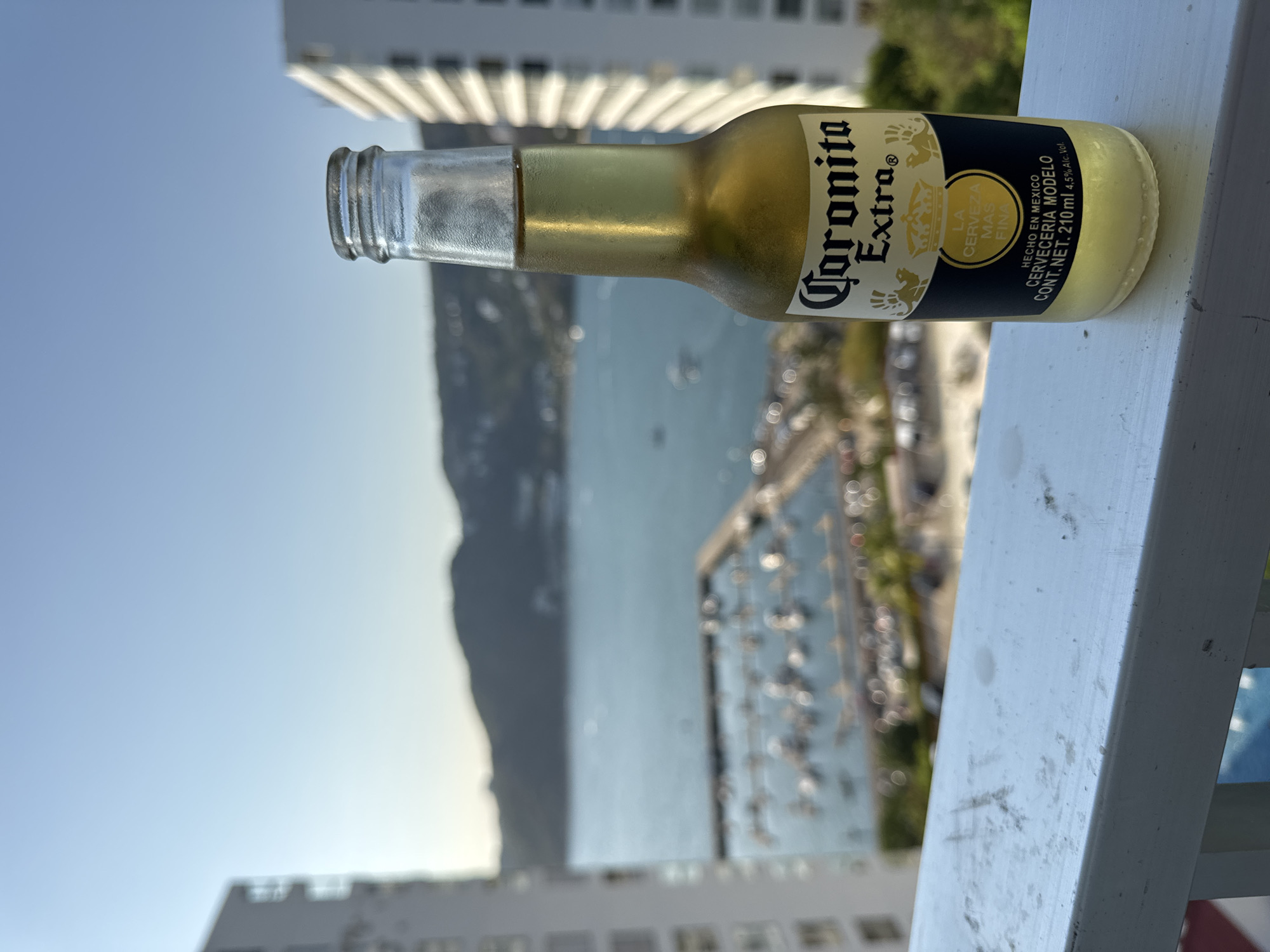 Beer bottle left on ledge overlooking Puerto Marqués bay