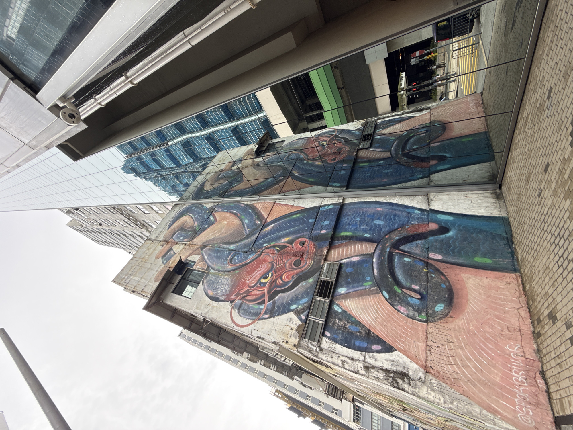 Boy cycles past dragon mural in Hong Kong morning