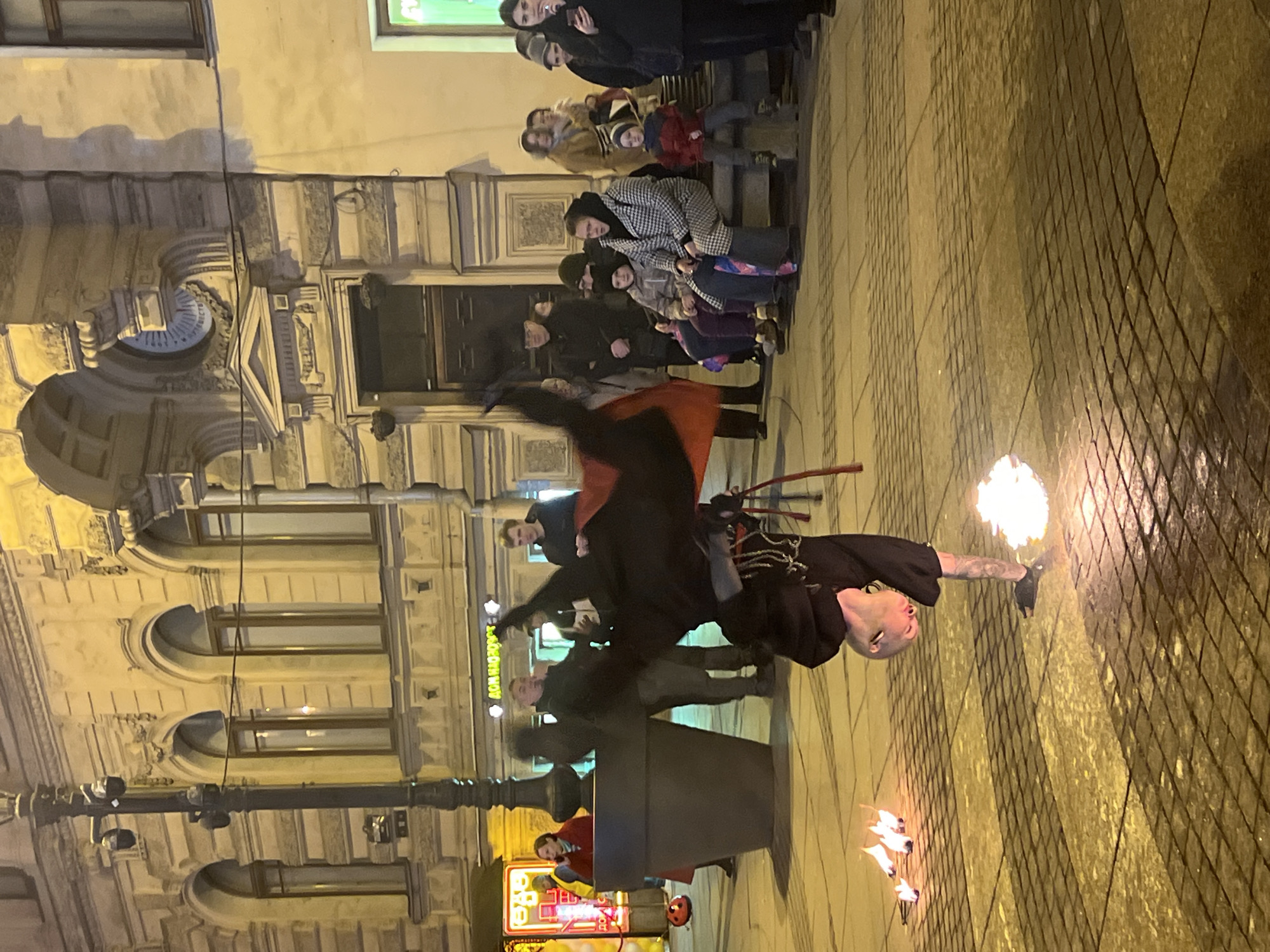 Fire performers entertain crowds in Saint Petersburg's Palace Square