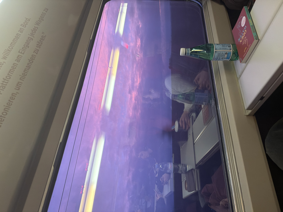 Morning train passenger reads near twilight window reflection