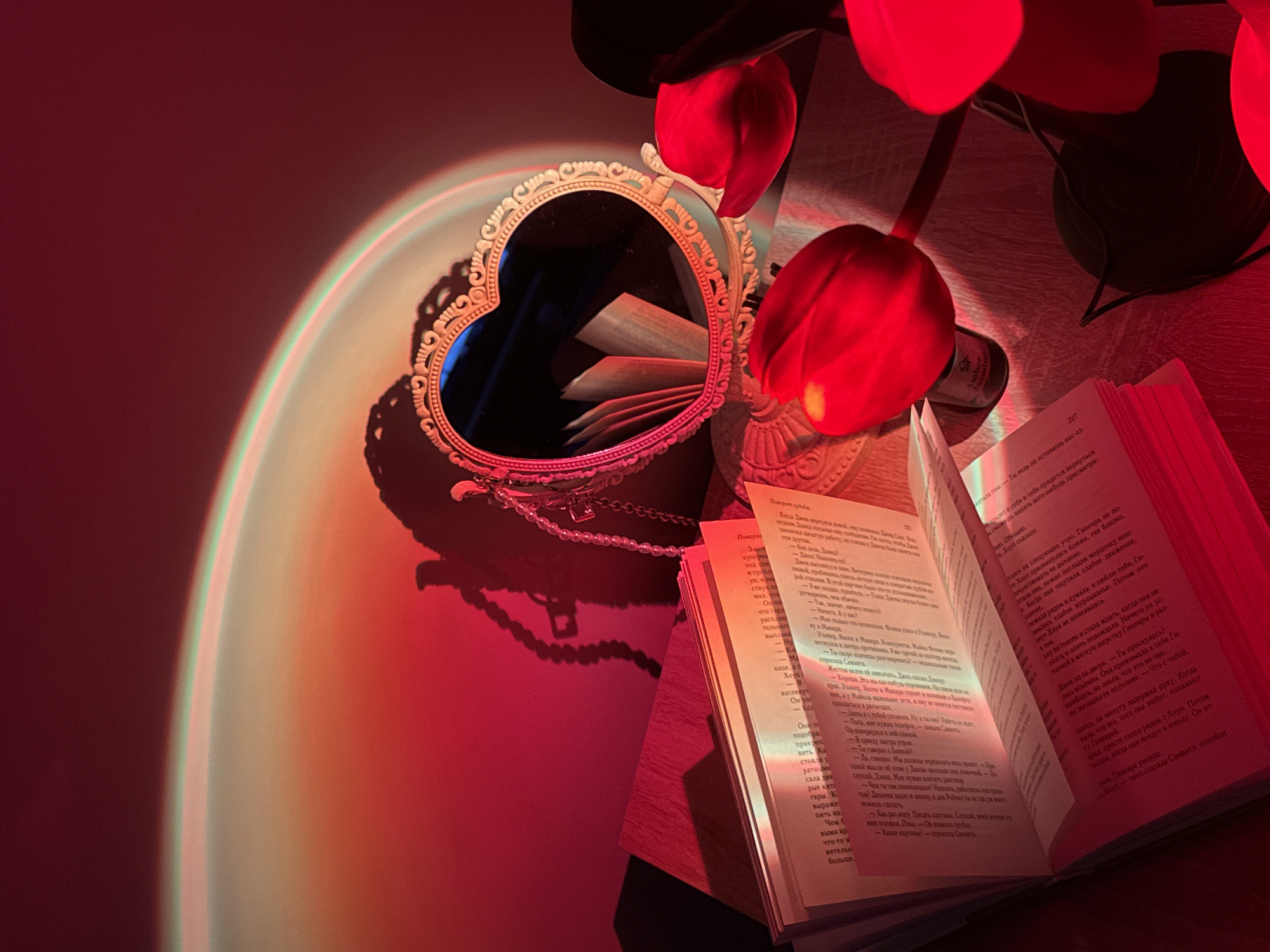 Atmospheric still life photography with colored projector lighting effects