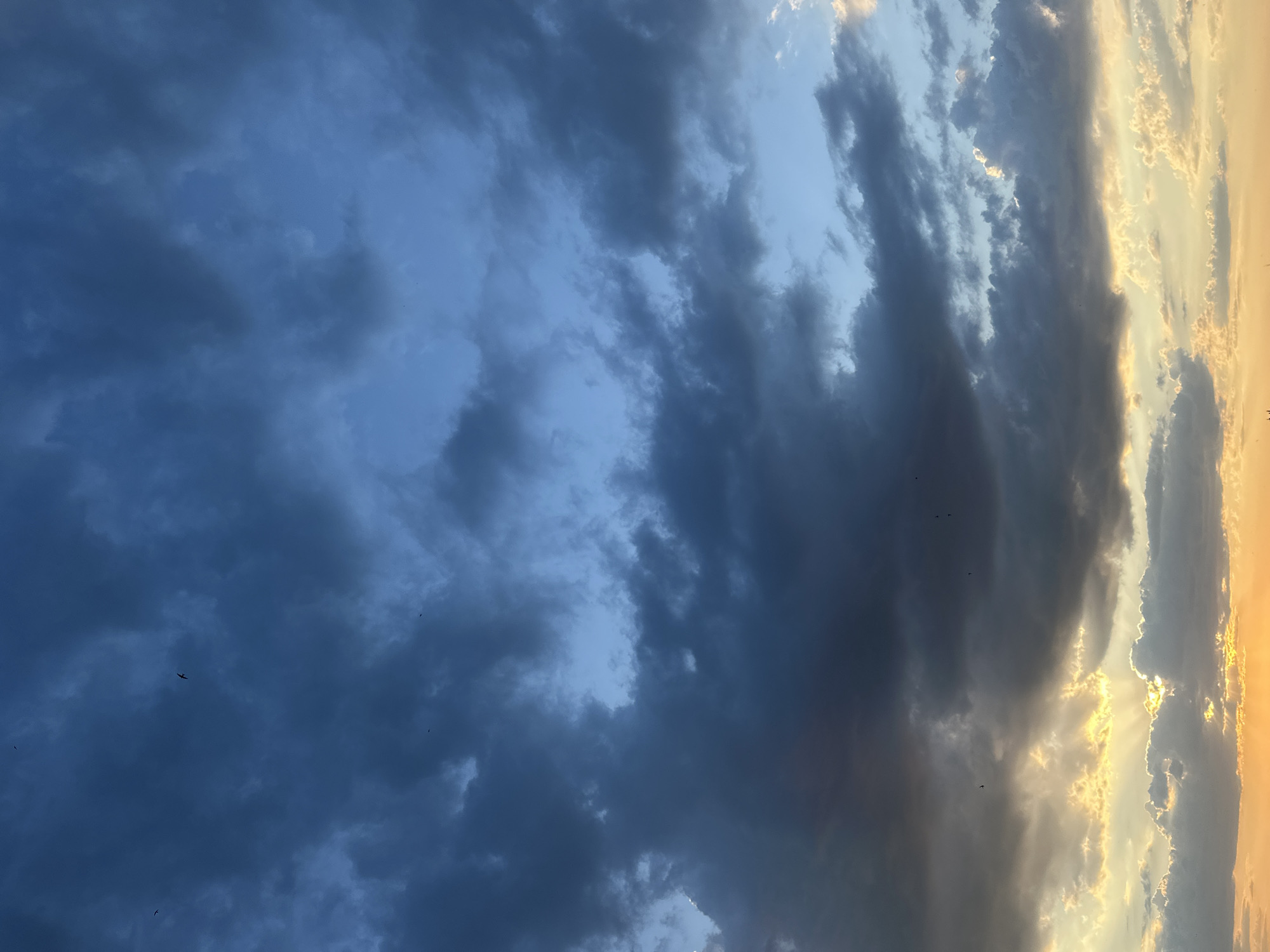 Dramatic sunset illuminates urban skyline amid storm clouds