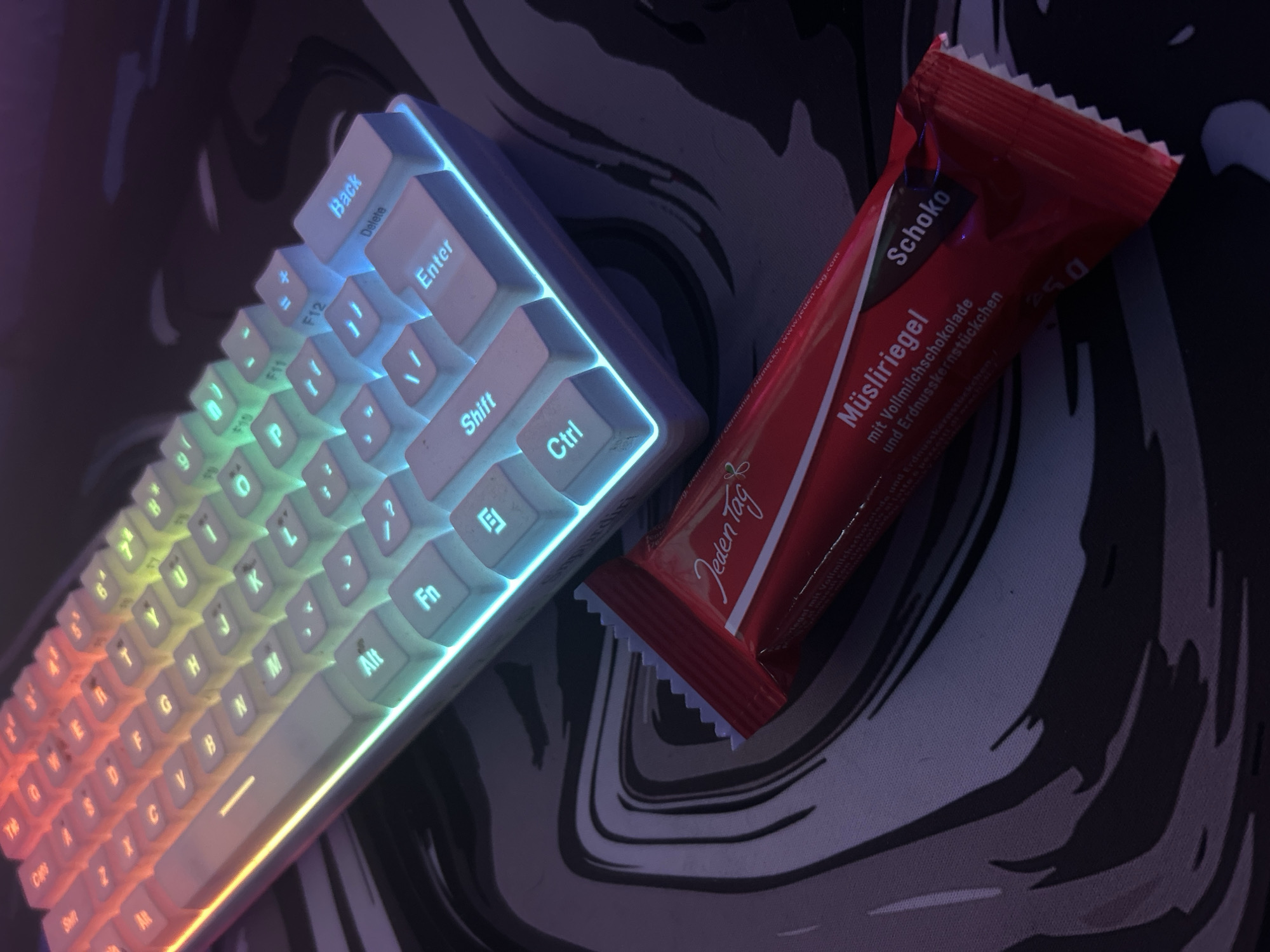 RGB keyboard spotted with German snack wrapper in Karlsruhe