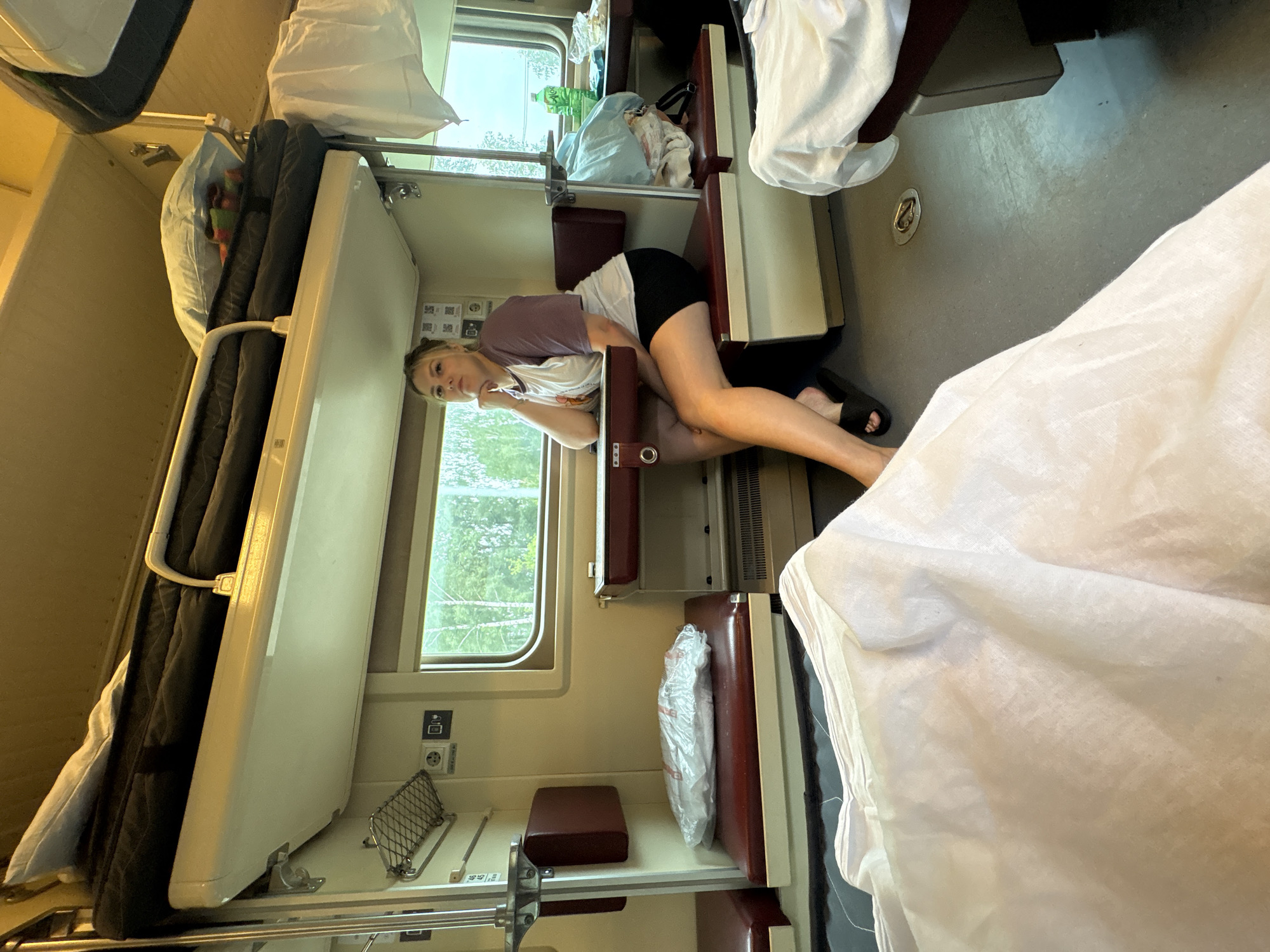 Passing time in a Russian train compartment, window-side